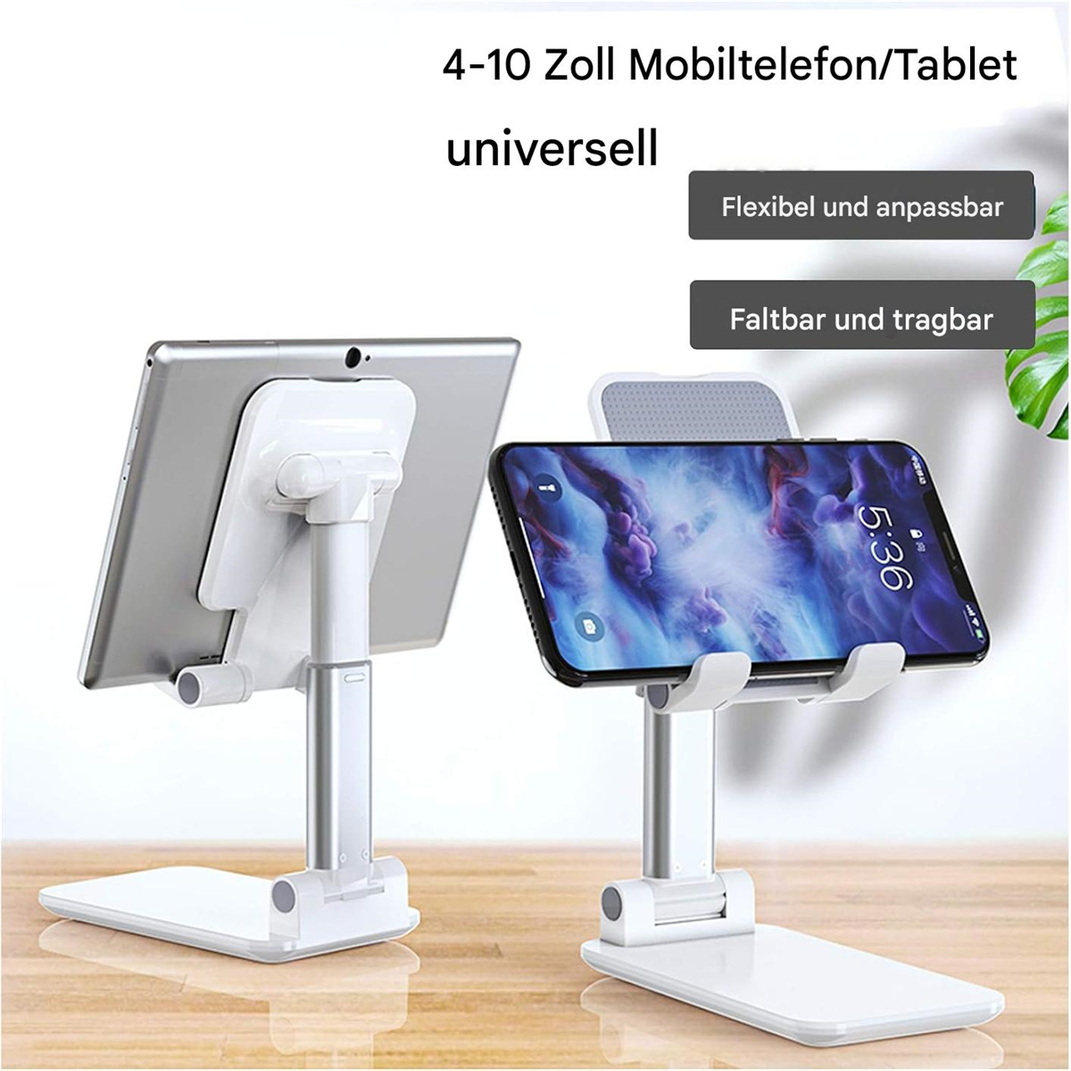Zwei Tablet-/Telefonständer. Einer hält ein Tablet, der andere ein Telefon. Weiß und silber.