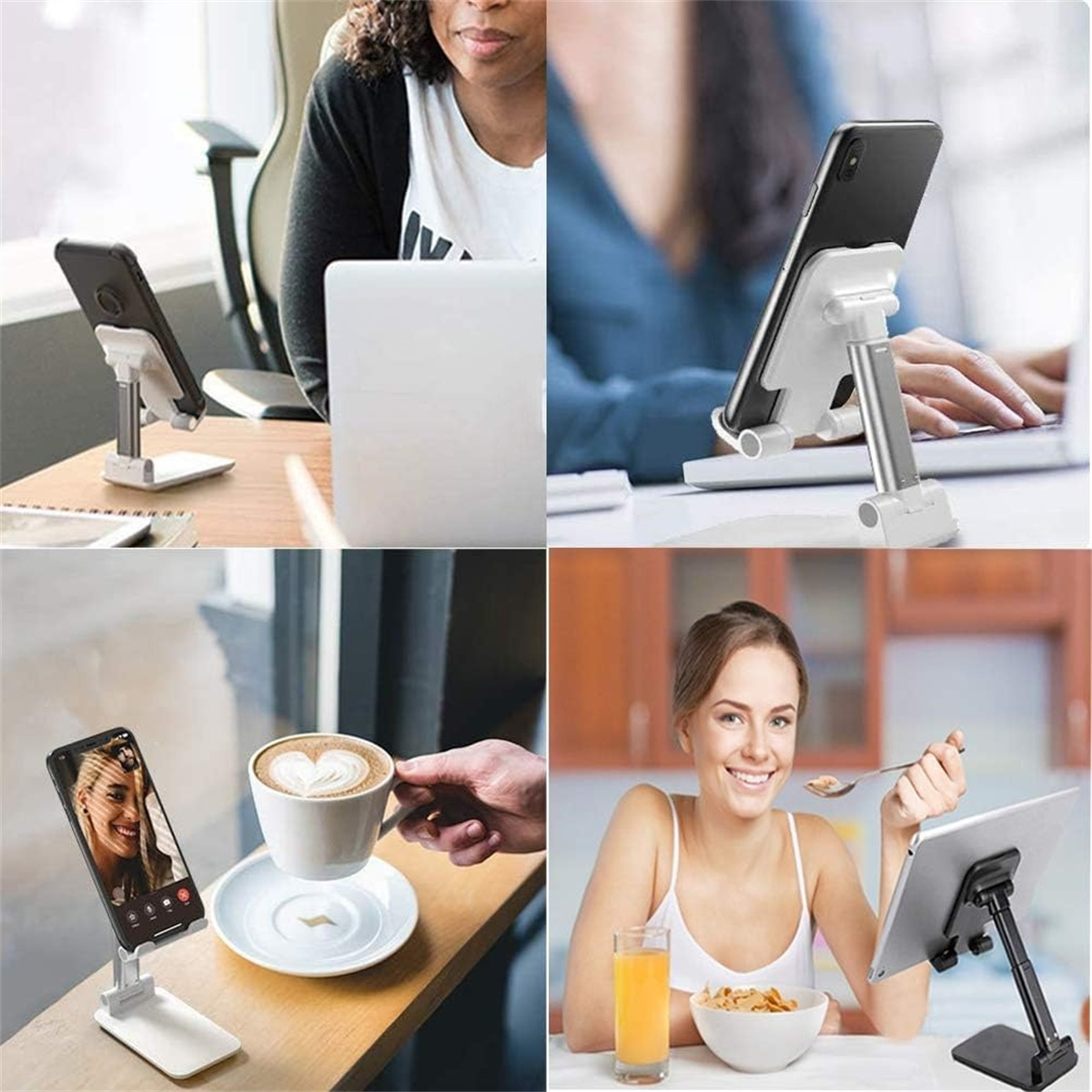Vier Bilder, die Telefonständer in Gebrauch zeigen. Die Benutzer arbeiten, essen und führen Videoanrufe durch.