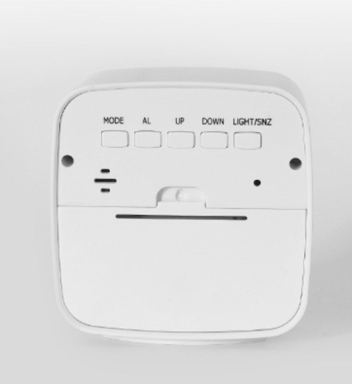 Wecker mit Tasten für Modus, Alarm, Hoch, Runter und Licht/Schlummern.