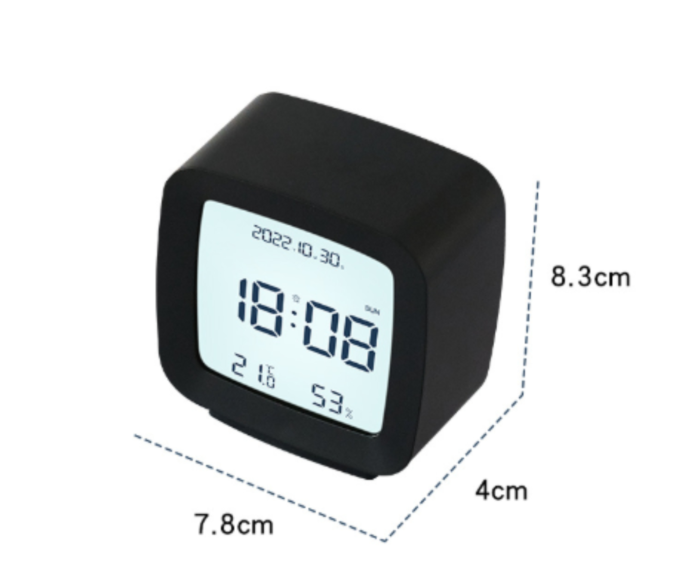 Ein schwarzer digitaler Wecker mit Datum, Uhrzeit (18:08) und Temperatur (21,8°C) und Luftfeuchtigkeit (53%).