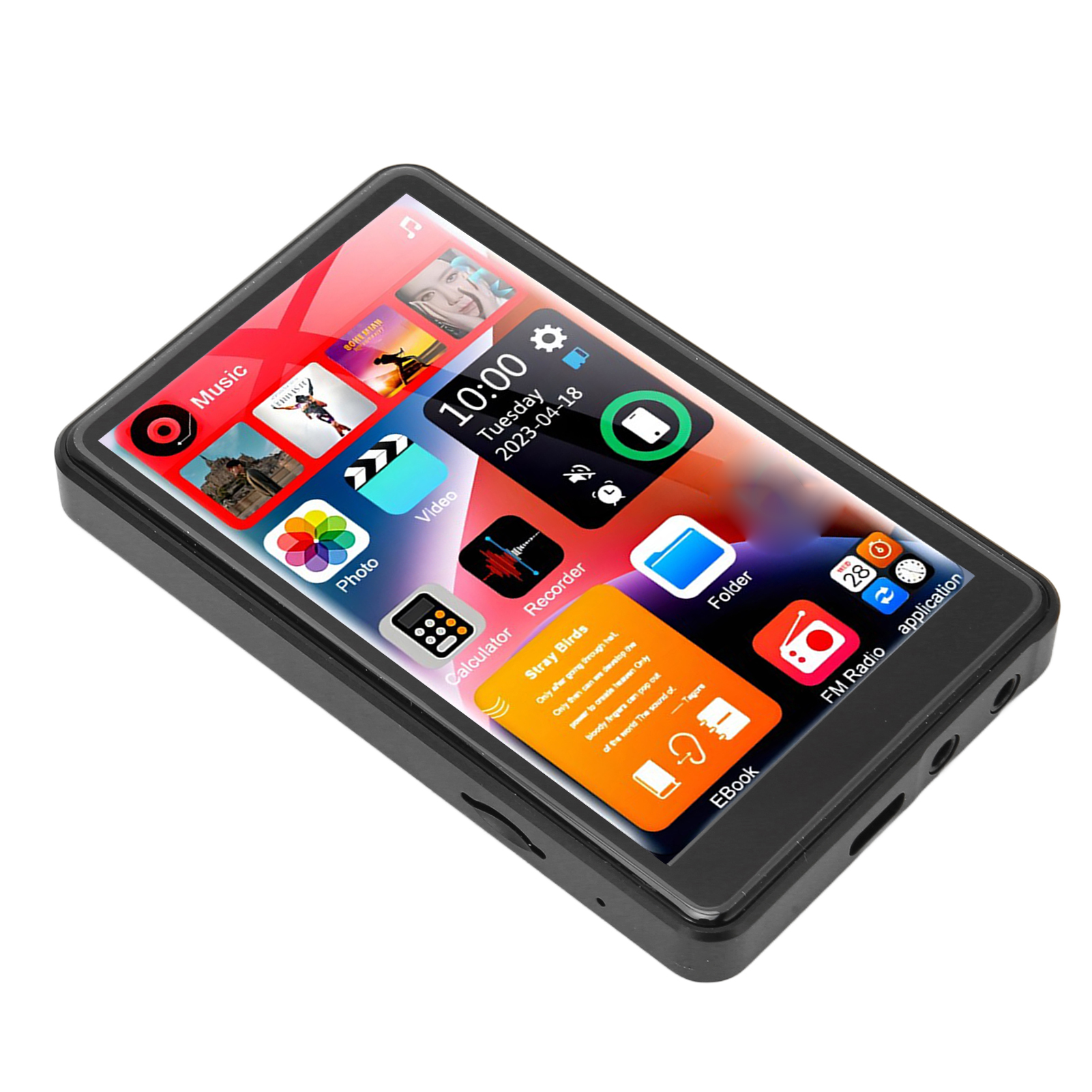 Schwarzer MP3-Player mit Touchscreen, zeigt Oberfläche mit verschiedenen Apps und Medien.