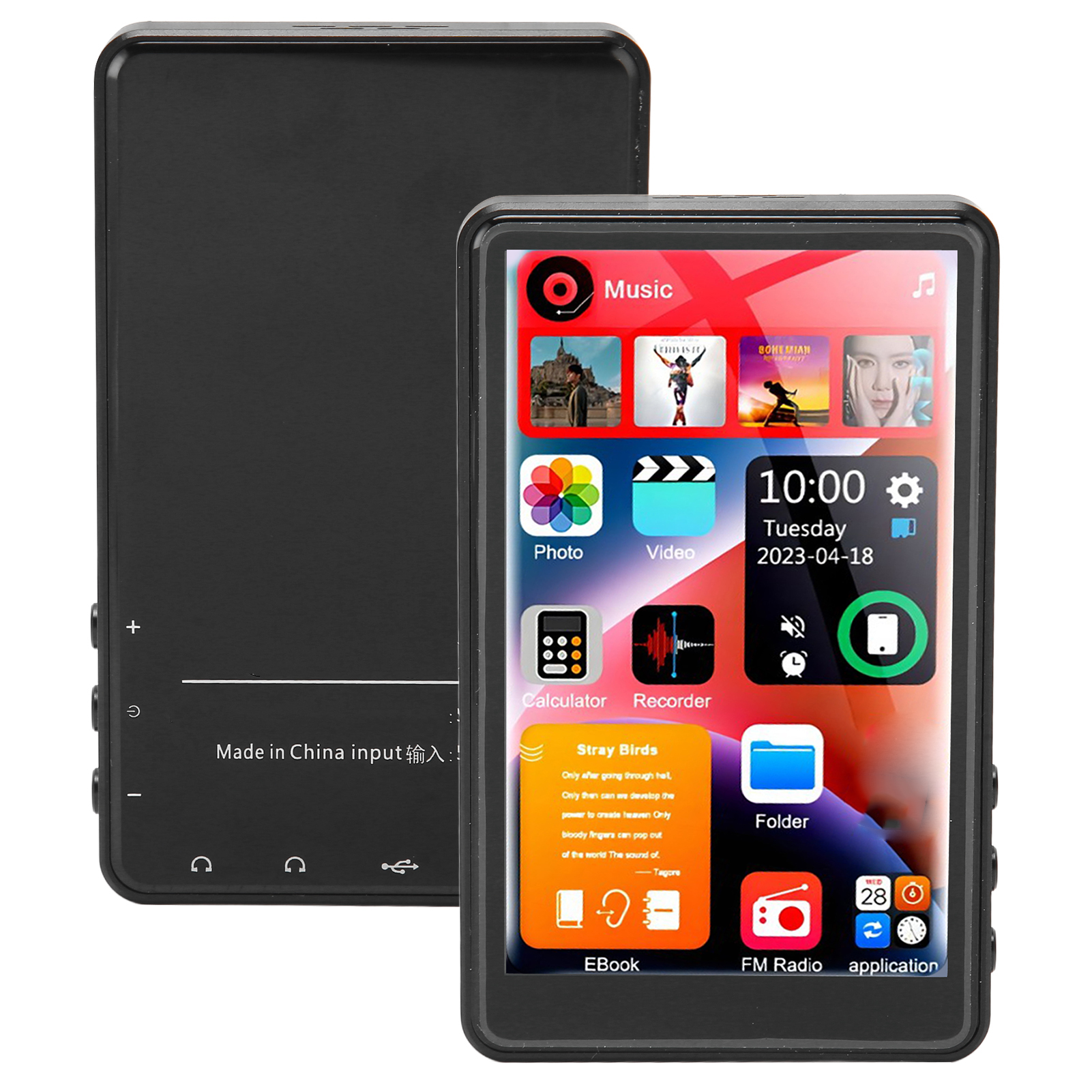 Schwarzer MP3-Player mit Bildschirm, Benutzeroberfläche anzeigend. Ein weiterer MP3-Player dahinter.