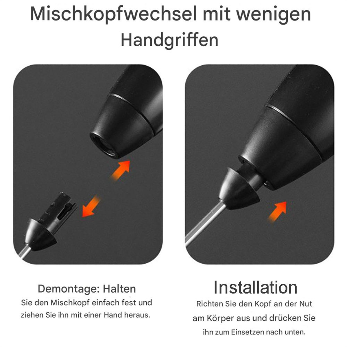Anweisungen zum Austausch eines Mixerkopfes. Einer zeigt die Demontage, der andere die Montage.