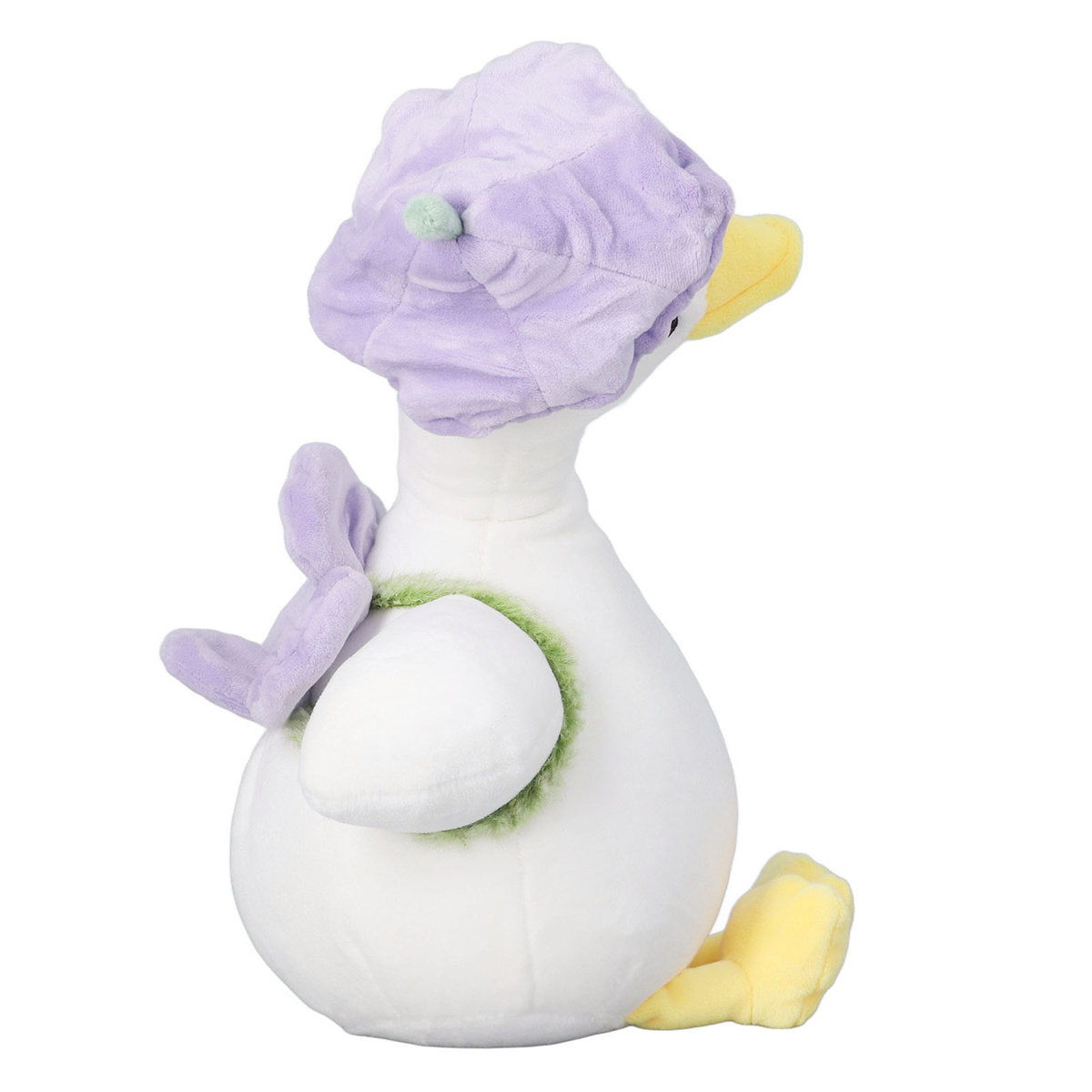 Plüsch-Ente mit lila Hut und Schleife.