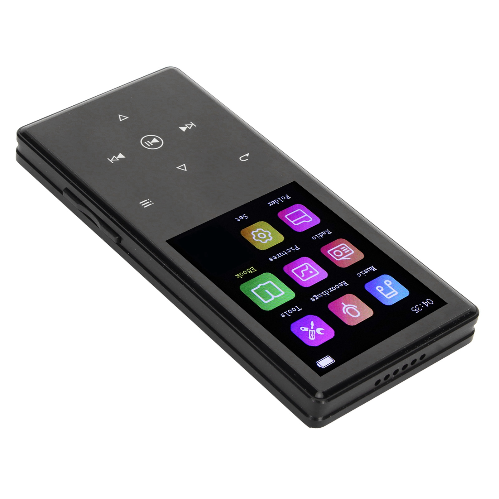 Schwarzer digitaler Musikplayer mit einem Bildschirm, der App-Symbole anzeigt. Knöpfe werden angezeigt.