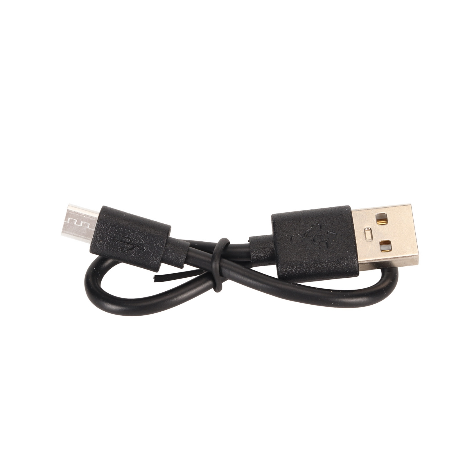 Schwarzes USB-zu-Micro-USB-Kabel, Nahaufnahme auf weißem Hintergrund.
