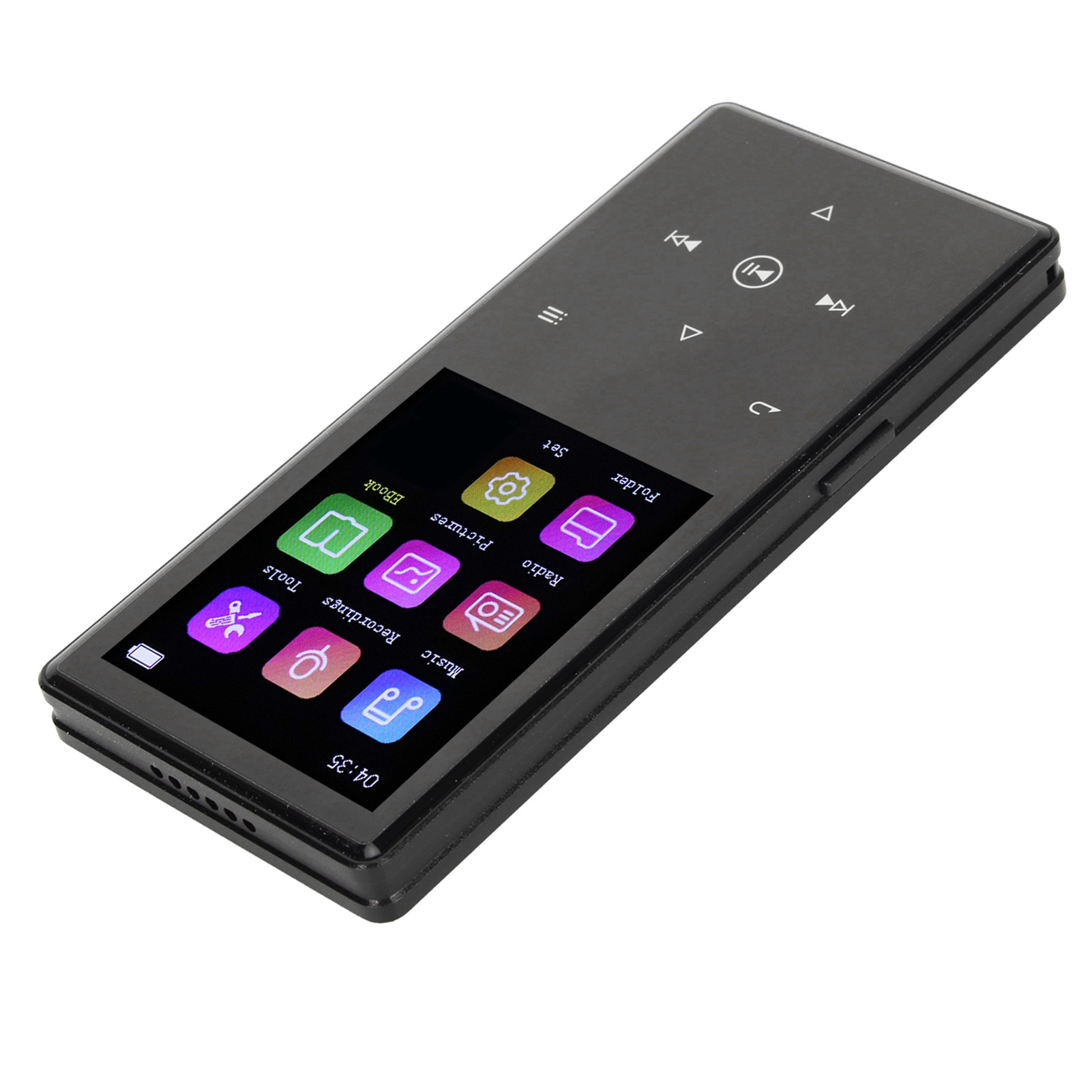 Schwarzer MP3-Player mit Touchscreen. Enthält Symbole für Musik, Einstellungen und andere Funktionen.