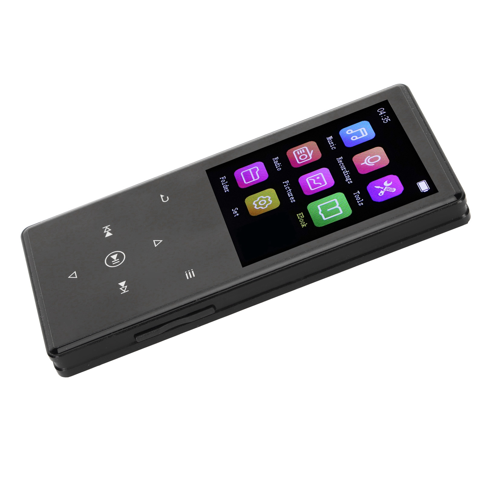 Schwarzer MP3-Player mit Bildschirm, der Symbole anzeigt. Zu den Textbezeichnungen gehören: Ordner, Radio, Bilder, E-Book.