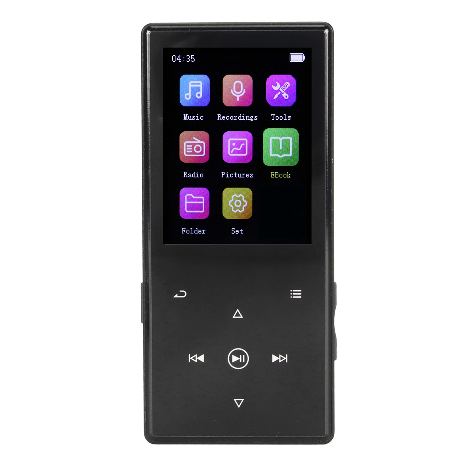 Schwarzer MP3-Player mit Farbbildschirm und Knöpfen, der Symbole und Zeit anzeigt.