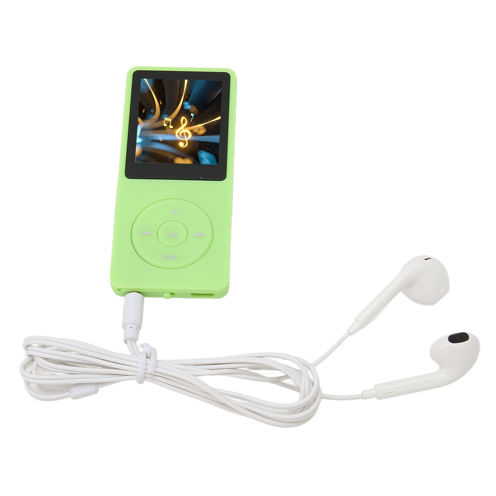 Grüner MP3-Player mit Bildschirm, der Noten zeigt, und weißen Ohrhörern. Weißer Hintergrund.