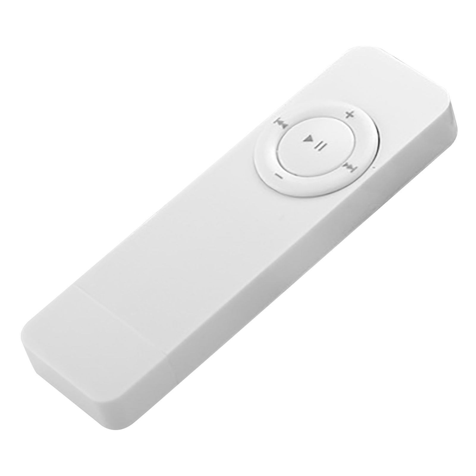Weiße Fernbedienung mit Knöpfen. Weißer Hintergrund. Die Fernbedienung hat eine Play-Taste.