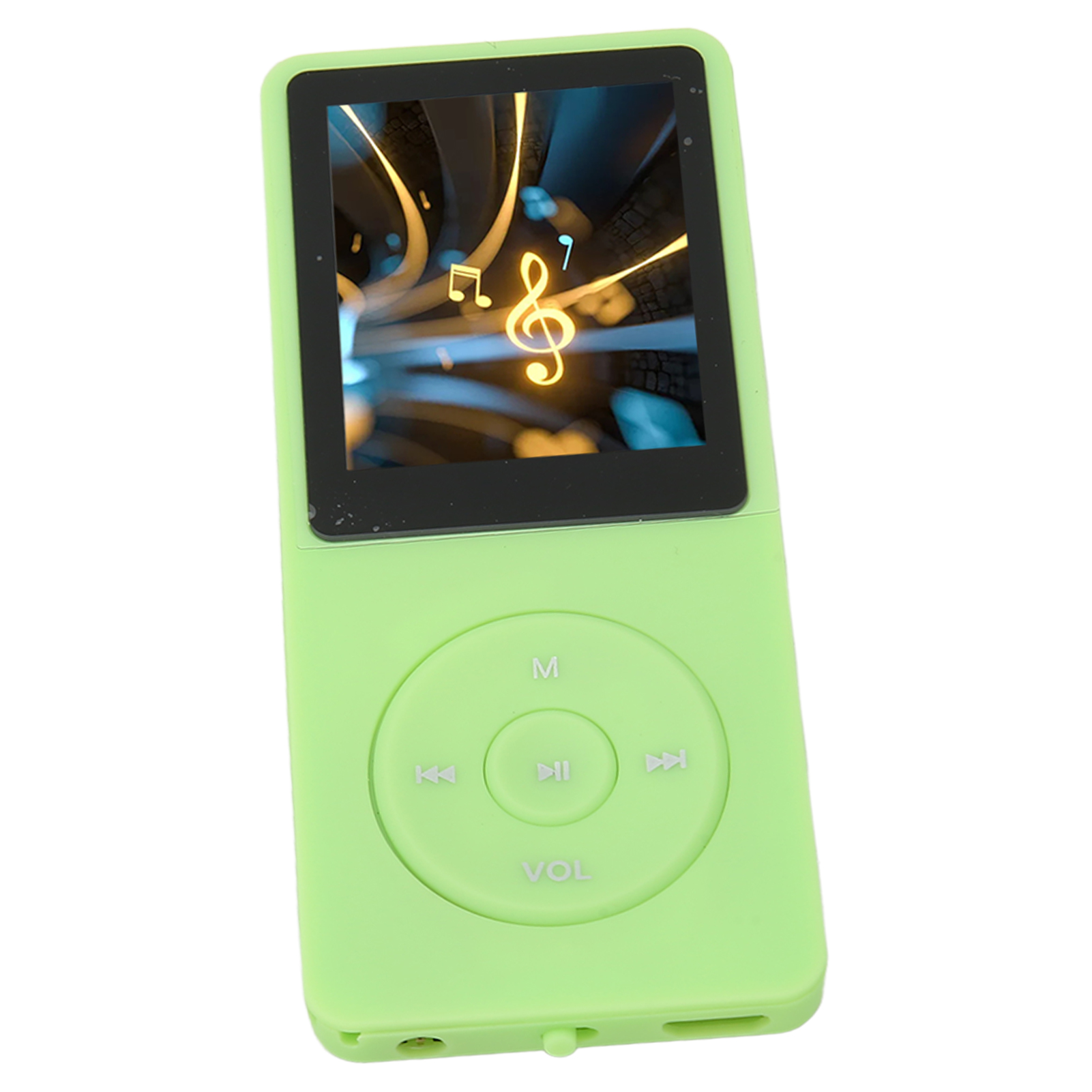 Grüner MP3-Player mit Bildschirm, der Noten zeigt, weißer Hintergrund.