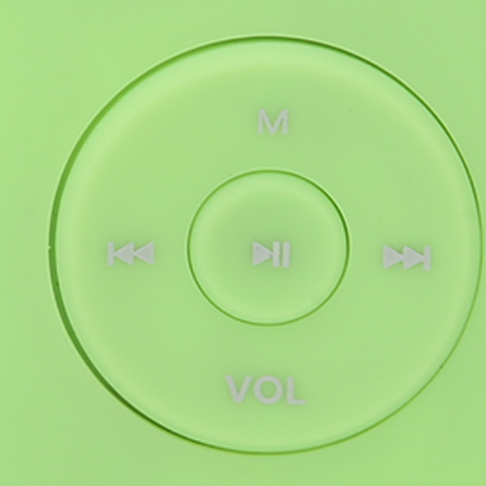 Eine Nahaufnahme eines hellgrünen Musikplayer-Bedienfelds. Das Pad hat eine Wiedergabe/Pause-Taste und Lautstärkeregler.