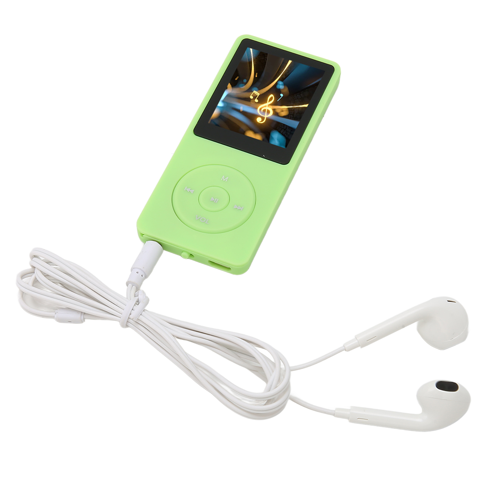 Grüner MP3-Player mit einem Bildschirm, der Musiksymbole zeigt, und weißen Kopfhörern.