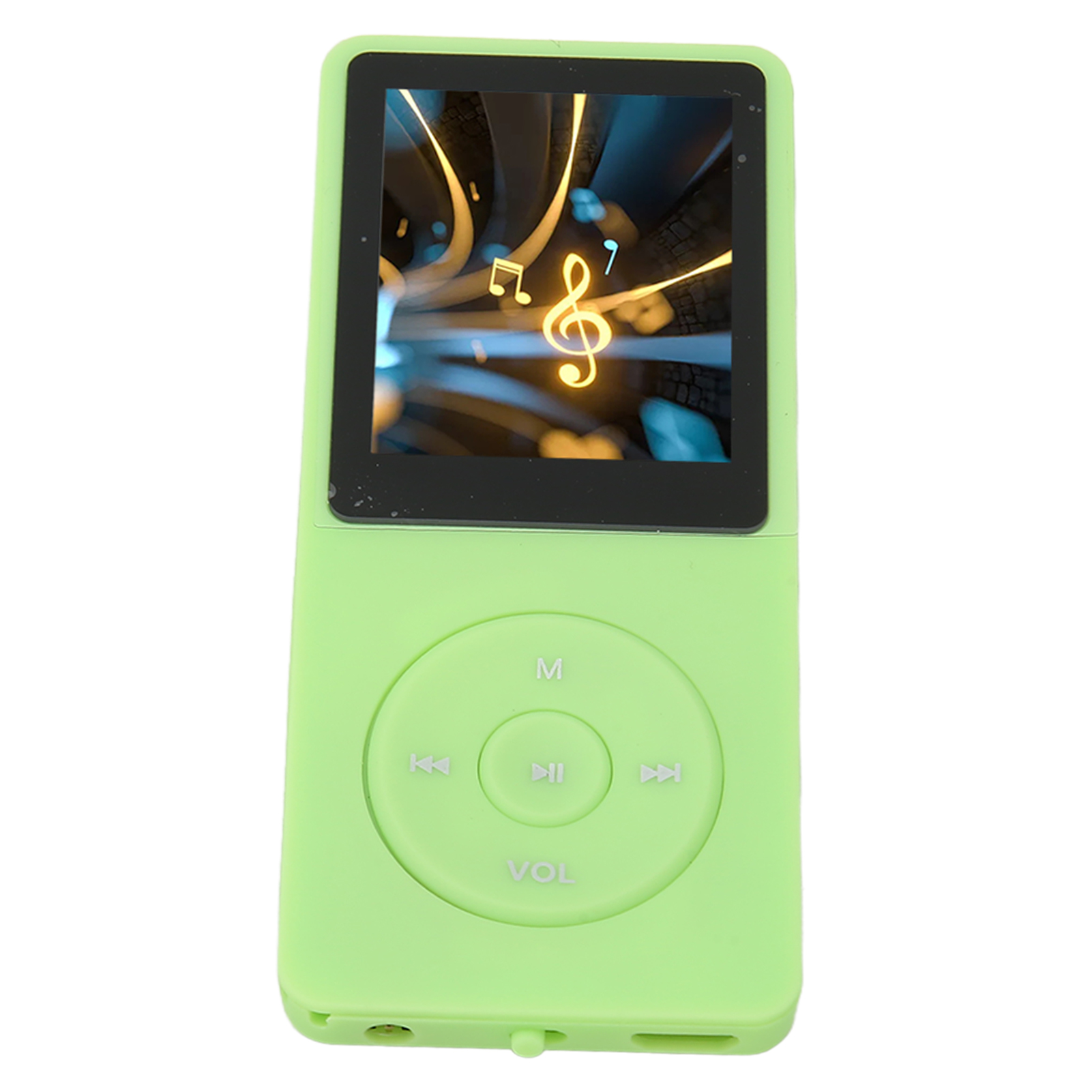 Ein grüner MP3-Player mit Bildschirm und Steuertasten. Er hat eine Musiknoten-Grafik.