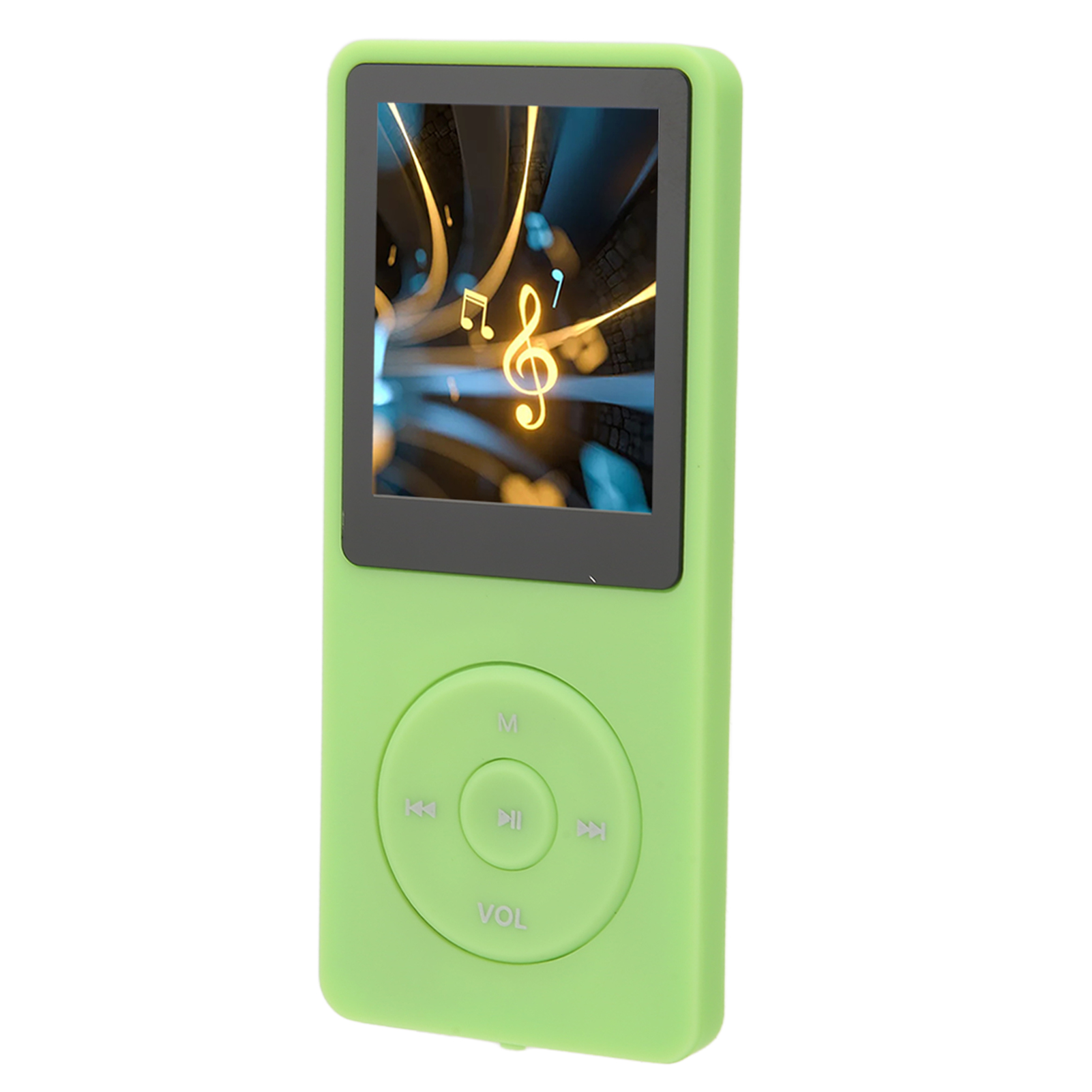 Grüner MP3-Player mit Bildschirm mit Noten. Weißer Hintergrund.
