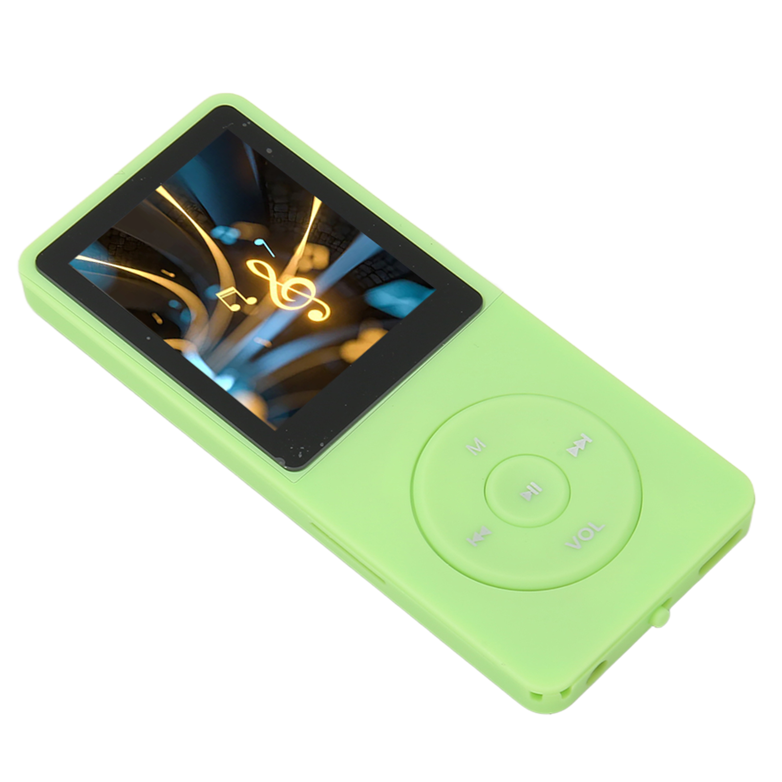 Ein limettengrüner MP3-Player mit einem Bildschirm, der Musiknoten und Steuertasten zeigt.