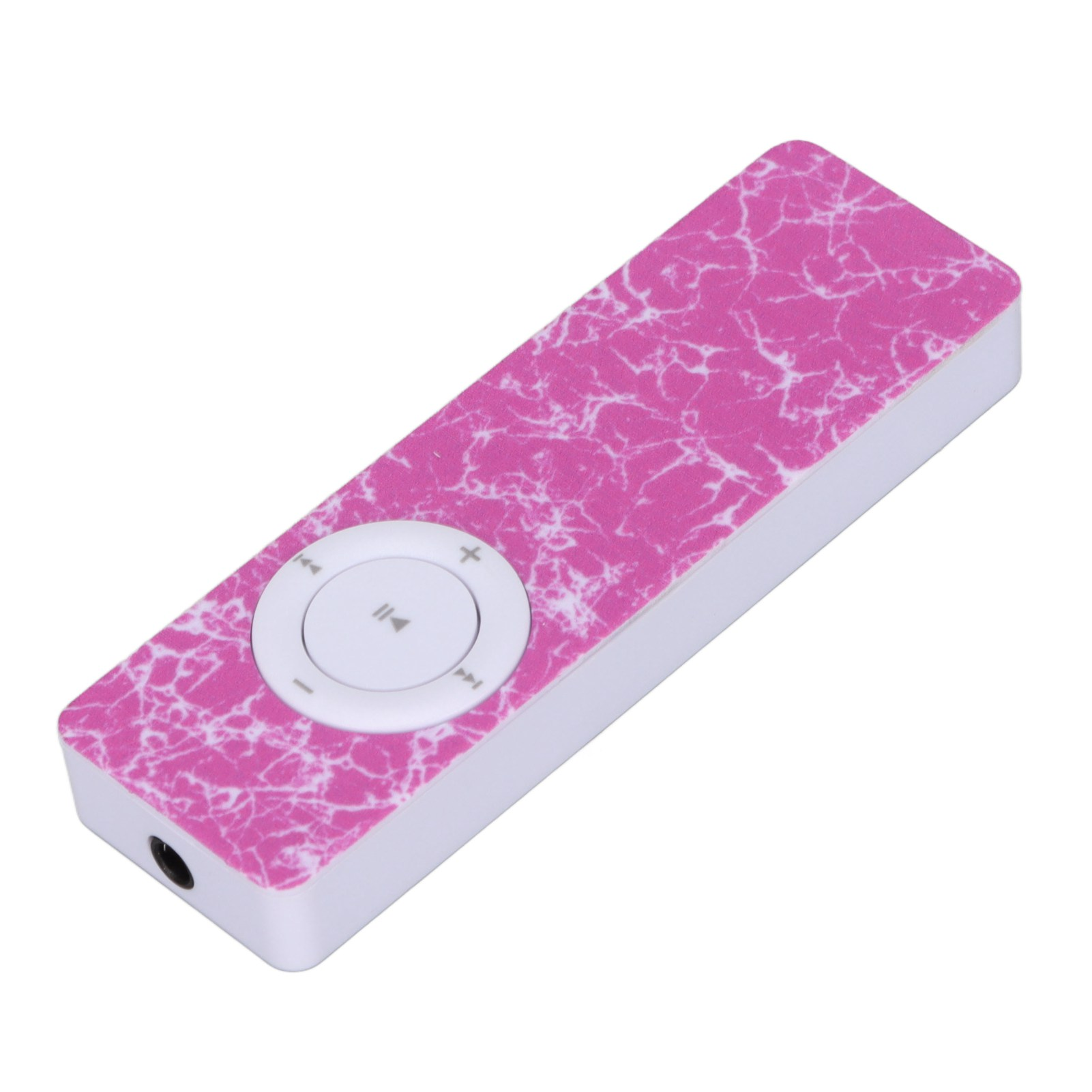 Rosa-weißer MP3-Player mit Bedienelementen, weißer Hintergrund.