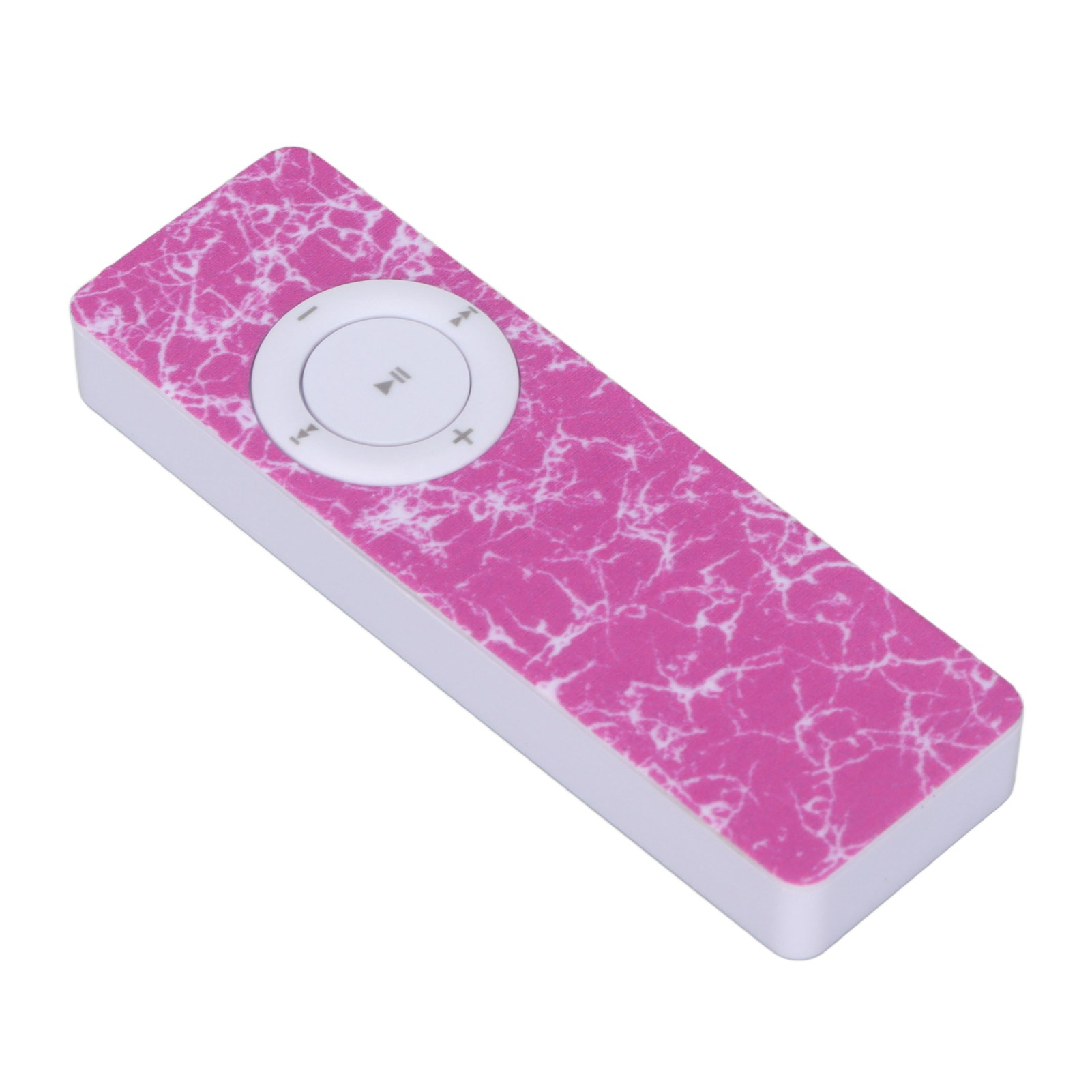 Pinkfarbener MP3-Player mit weißen Bedienelementen. Weißer Hintergrund.