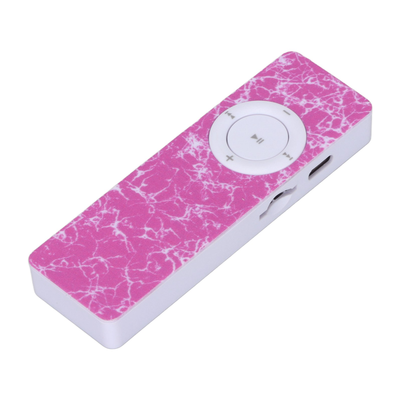 Ein rosa und weiß marmorierter MP3-Player mit kreisförmiger Steuerung, diagonal auf weißem Grund positioniert.