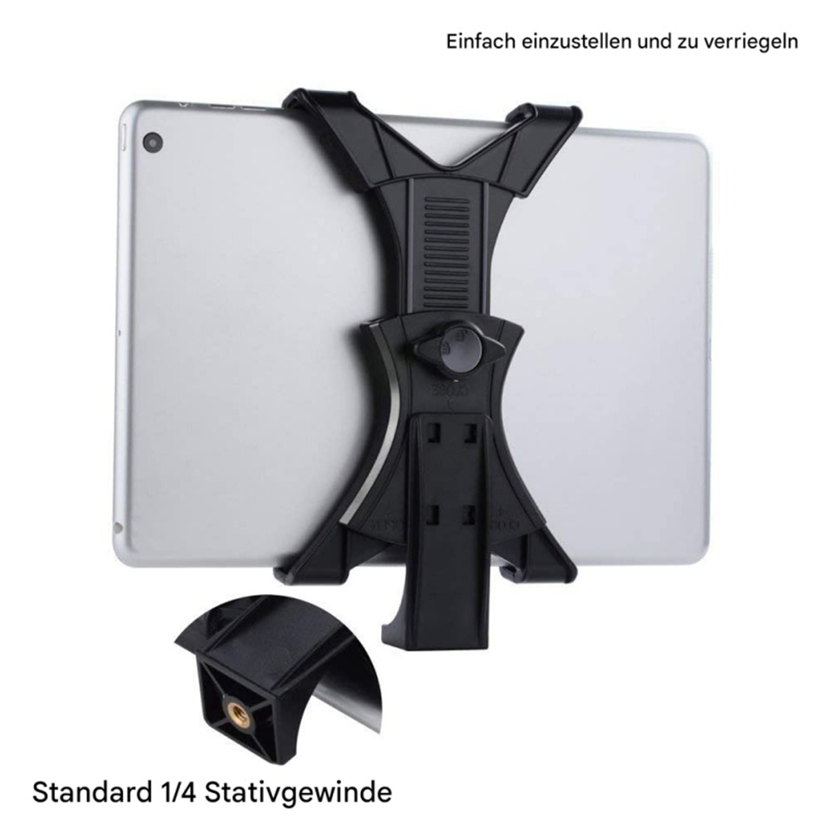 Ein Tablet wird von einem schwarzen Ständer gehalten. Der Ständer hat einen schwarzen Rahmen mit verstellbarem Design.
