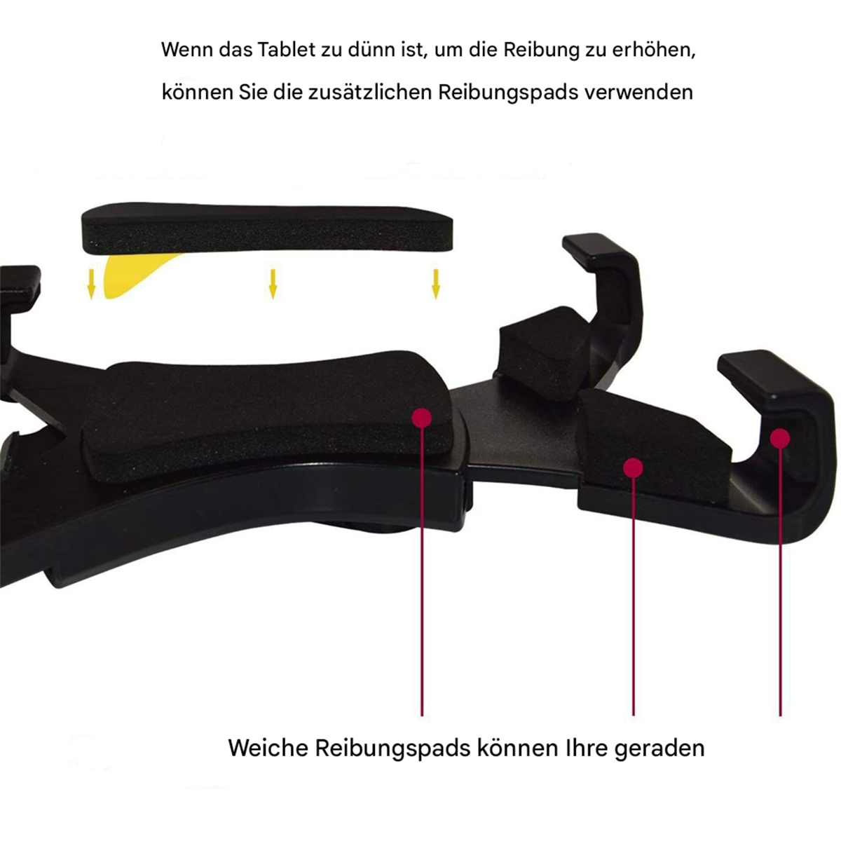 Schwarzer Tablet-Ständer mit Text auf Deutsch und Pfeilen. Schaumstoffpolster sind hervorgehoben.