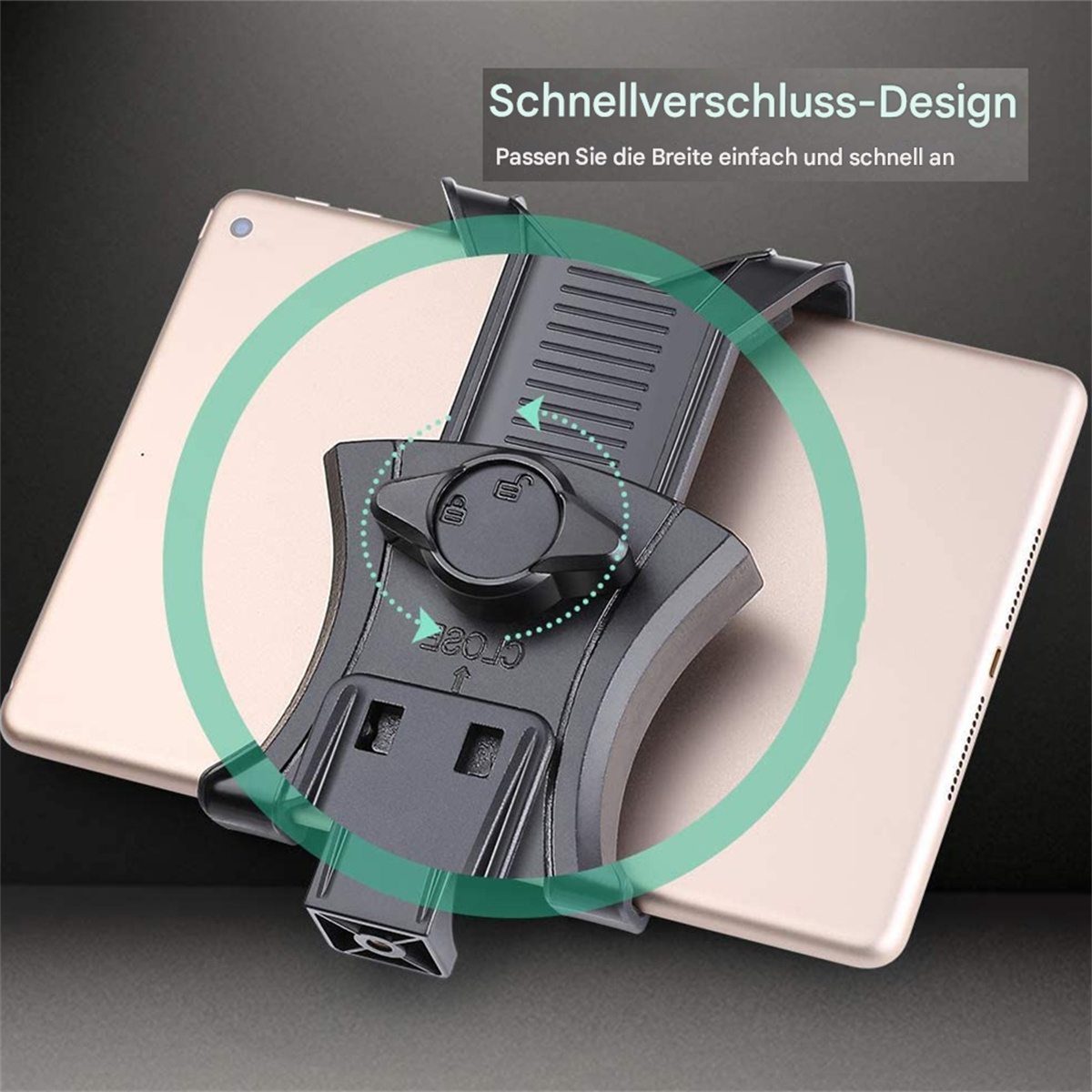 Schwarzer Tablethalter mit Tablet, auf weißem Hintergrund.