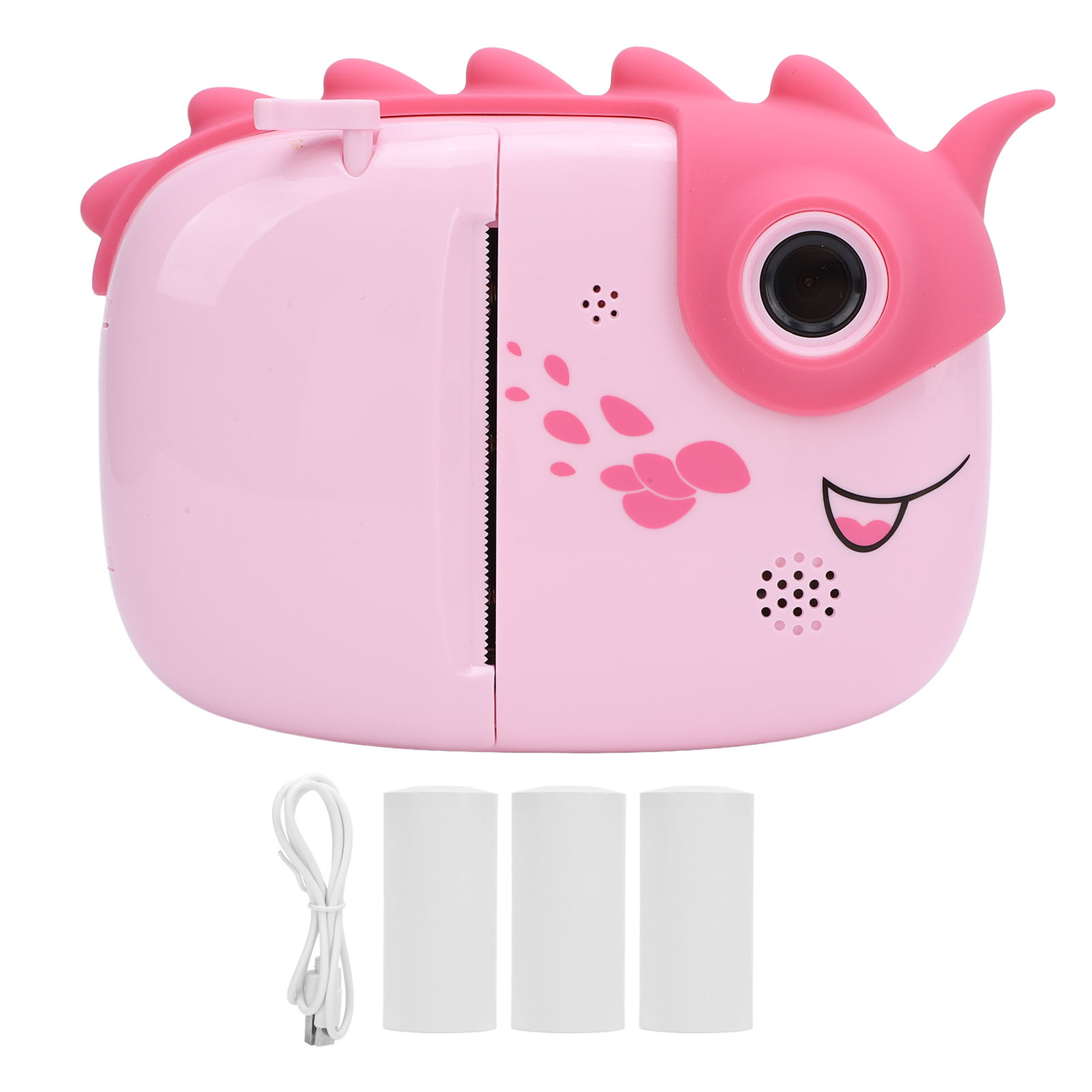 Eine rosa dinosaurierförmige Sofortbildkamera mit weißen Papierrollen und einem USB-Kabel.
