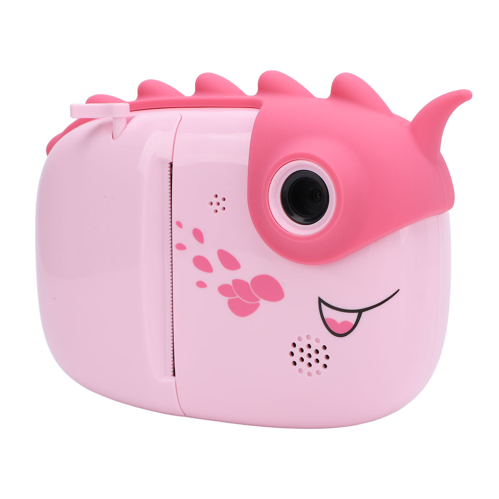 Eine rosa Spielzeugkamera in Form eines Dinosauriers mit Objektiv, Lautsprechern und einem Smiley-Gesicht.