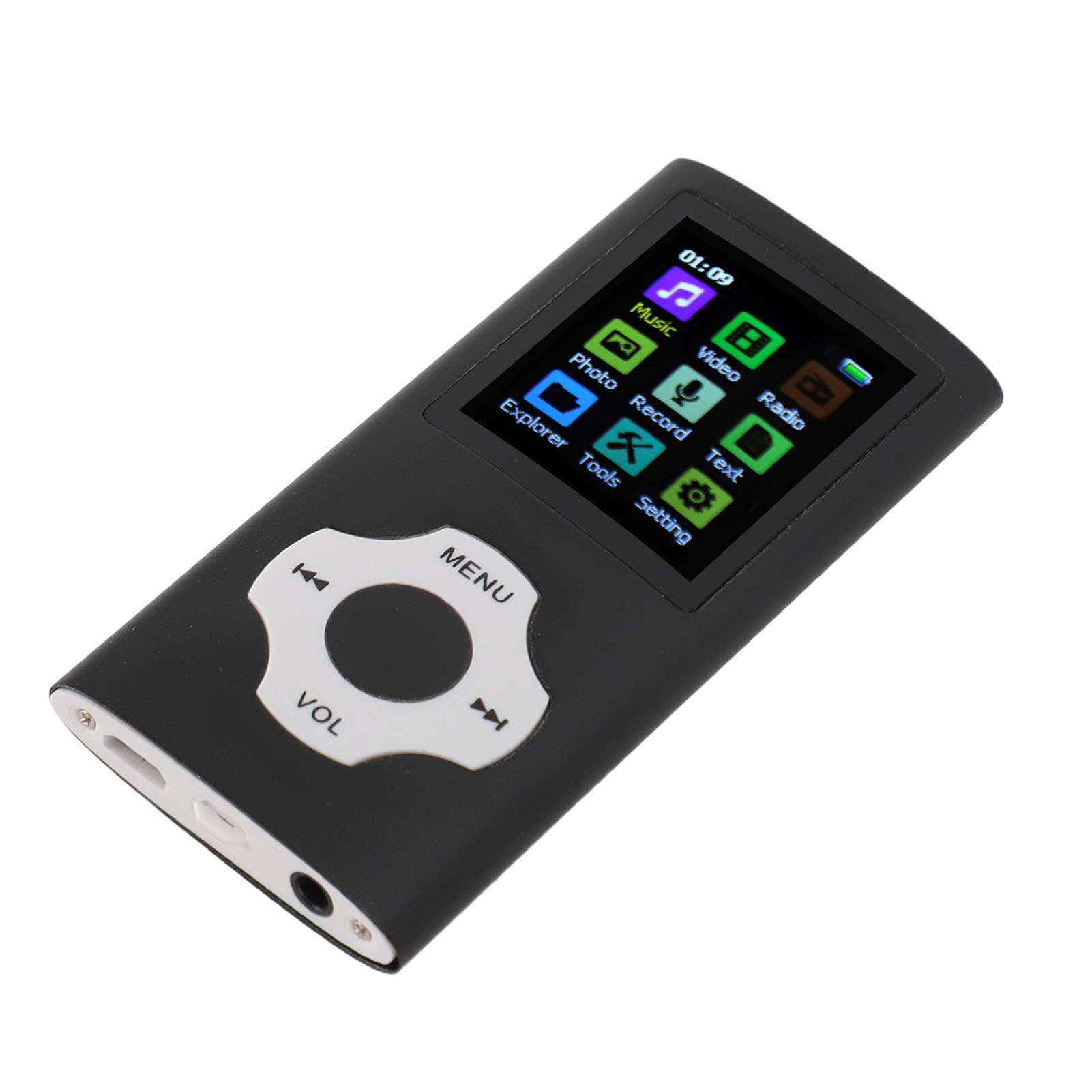 Ein schwarzer MP3-Player mit Farbbildschirm, der Symbole anzeigt. Tasten für Musik, Video, Foto usw.