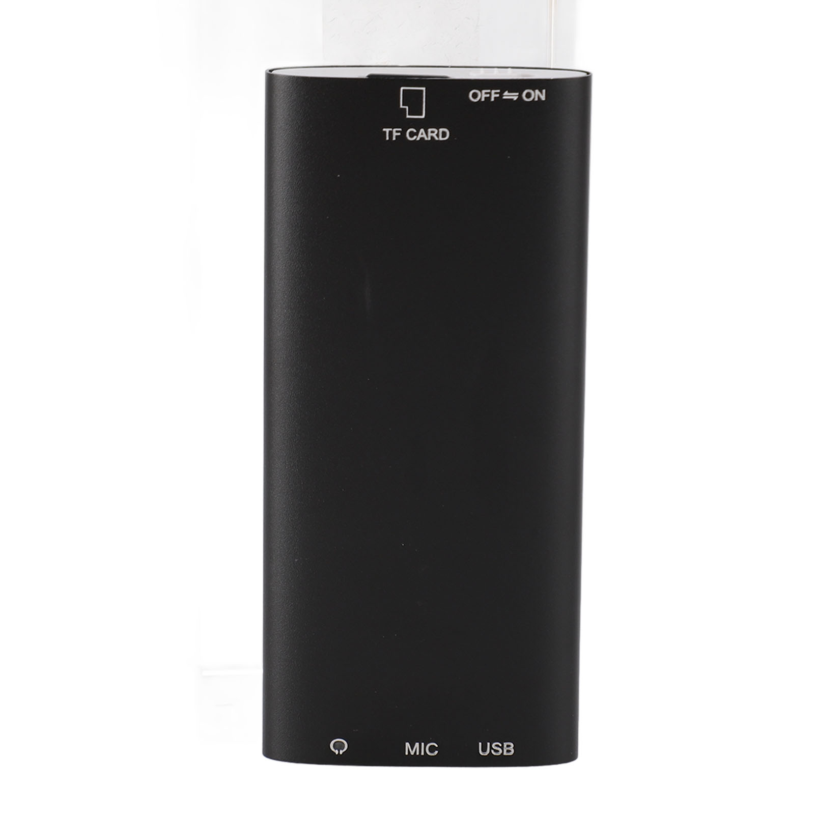Schwarzes rechteckiges Gerät mit Knöpfen und Beschriftungen. TF CARD, ON/OFF, MIC, USB sind beschriftet.