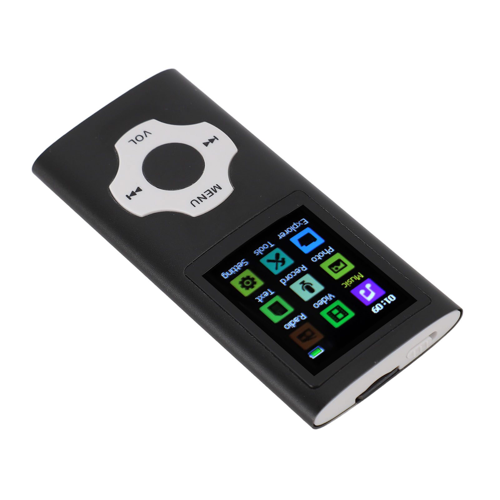 Schwarzer MP3-Player mit Bildschirm, der Symbole anzeigt. Der Player hat Tasten und eine Menütaste.
