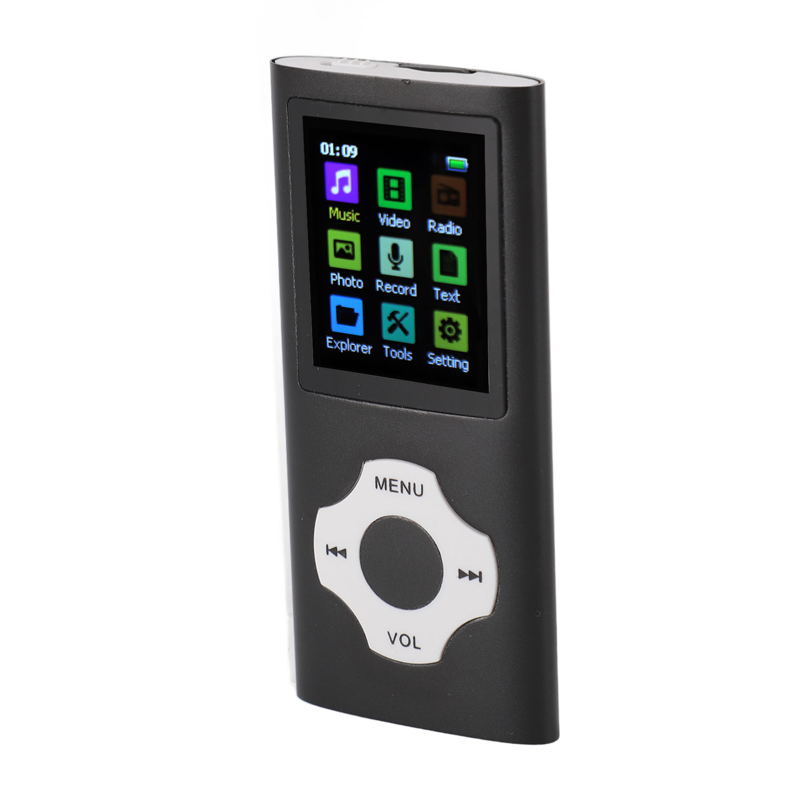 Schwarzer MP3-Player mit Bildschirm, der Musik-, Video-, Radio- und Einstellungssymbole anzeigt.