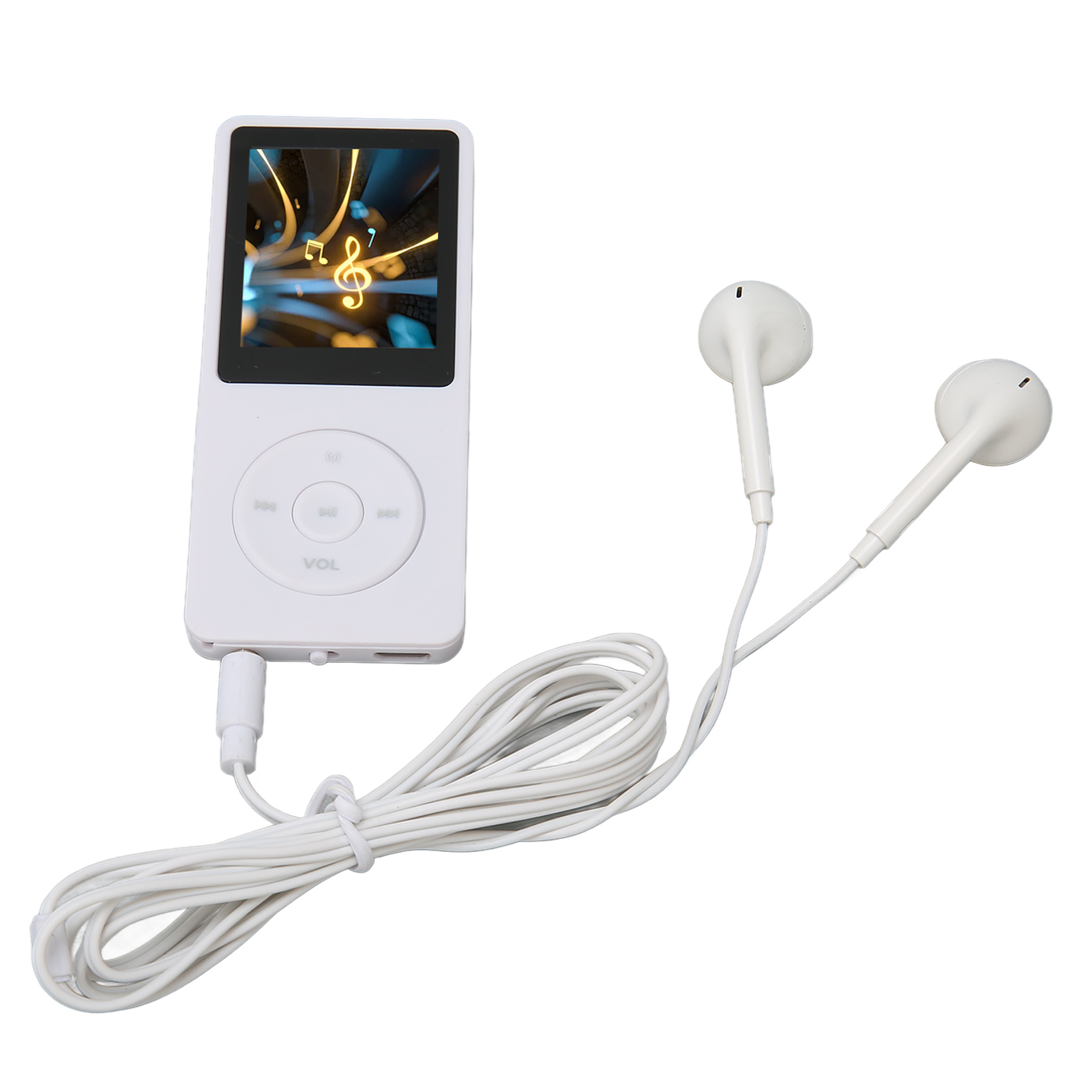 Weißer MP3-Player mit Bildschirm und Kopfhörern, freigestellt auf weißem Grund.