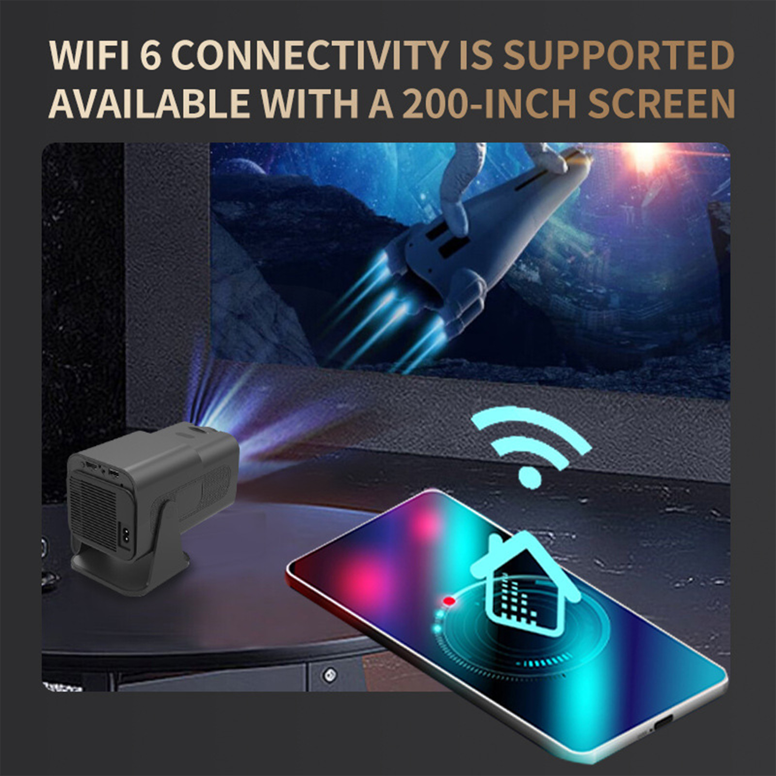 Projektor und Telefon mit WLAN-Symbol und Raketenillustration auf dunklem Hintergrund.