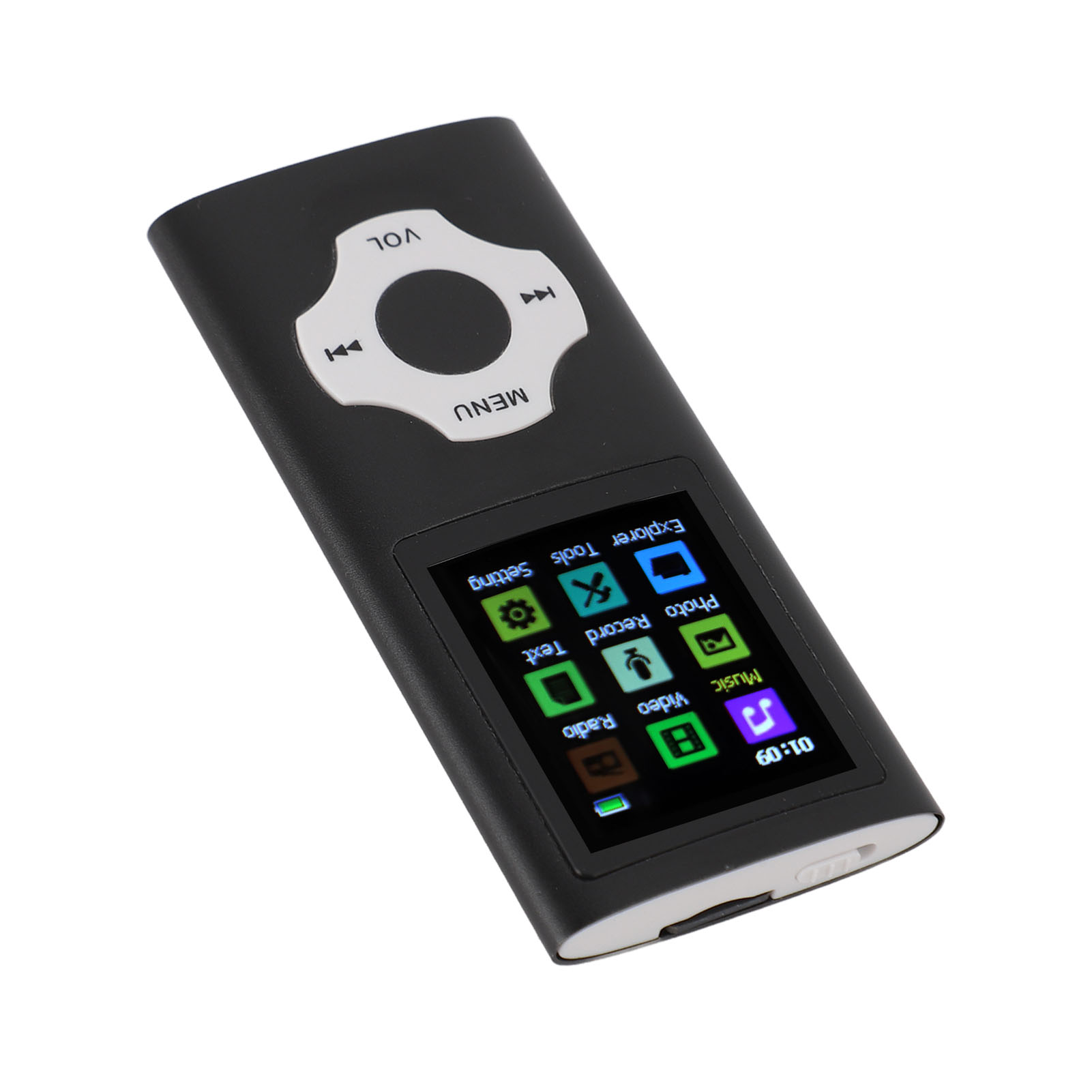 Ein schwarzer MP3-Player mit Farbbildschirm, der Menüoptionen und Symbole anzeigt.
