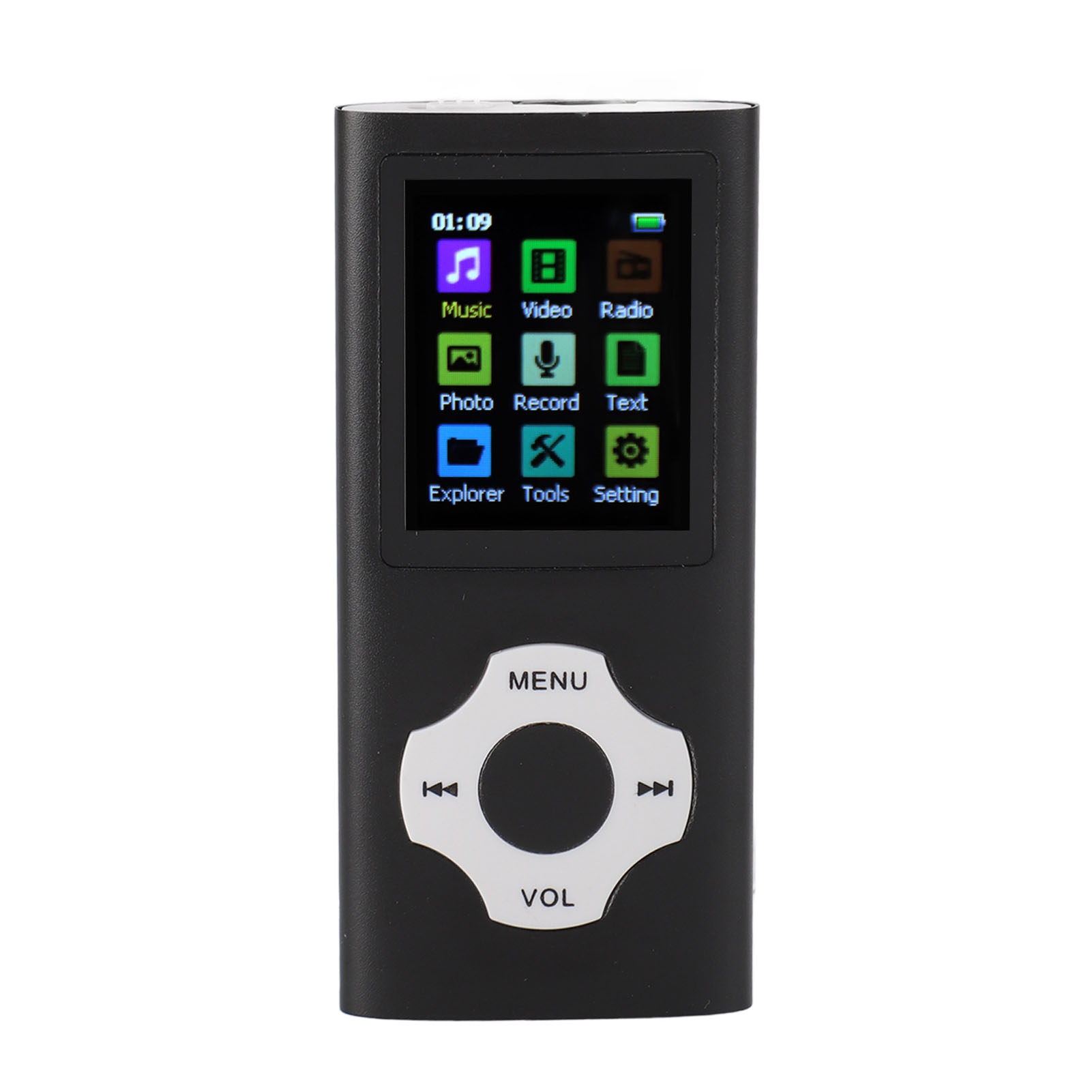 Ein schwarzer MP3-Player mit einem Bildschirm, der Symbole und Menütasten zeigt. Der Bildschirm zeigt die Zeit an.
