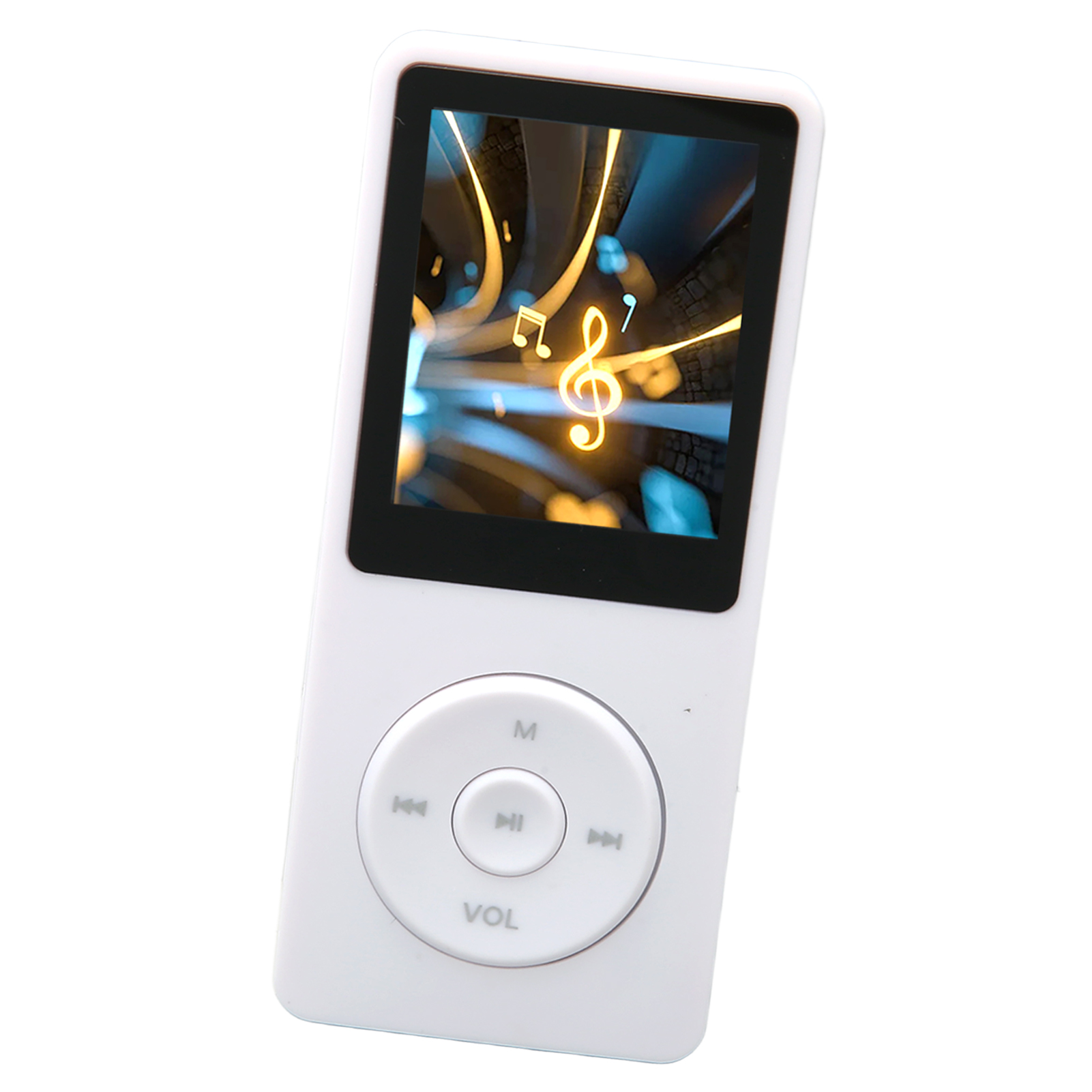 Weißer MP3-Player mit Bildschirm, der Noten zeigt. Mit Wiedergabesteuerung ist der Bildschirm abgewinkelt.