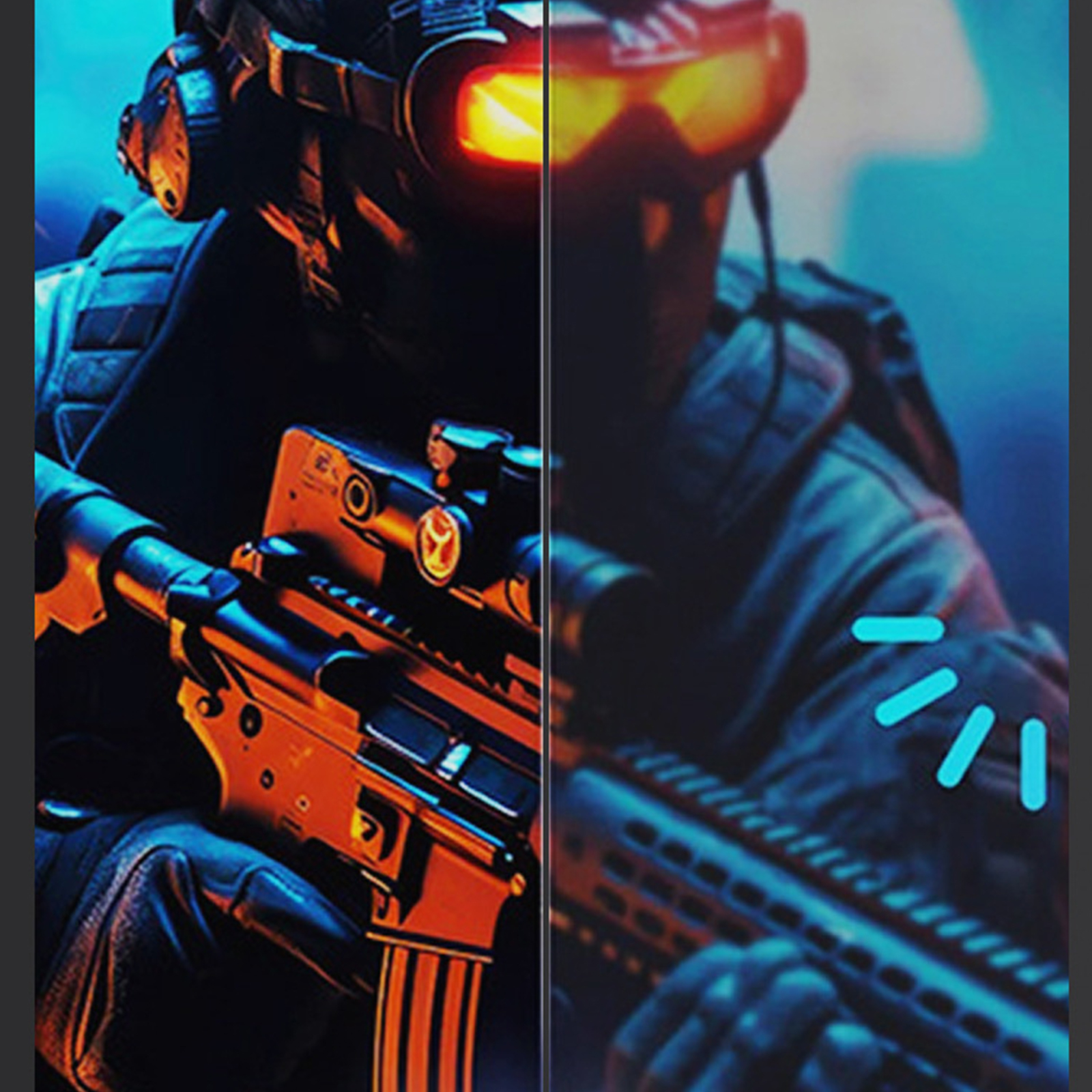 Soldat, der eine Waffe anvisiert und ein Headset trägt. Die Szene ist in Orange- und Blautönen beleuchtet.