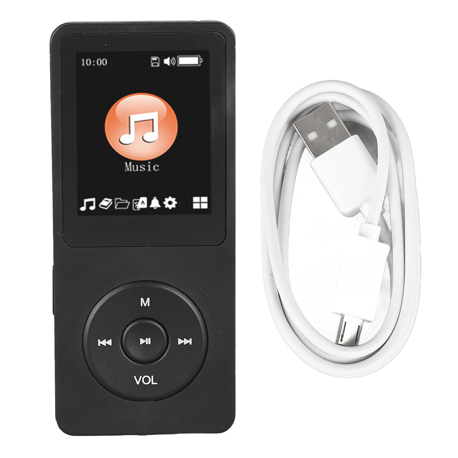Schwarzer MP3-Player mit Bildschirm und Knöpfen und weißem USB-Kabel. Der Bildschirm zeigt Musikdetails.