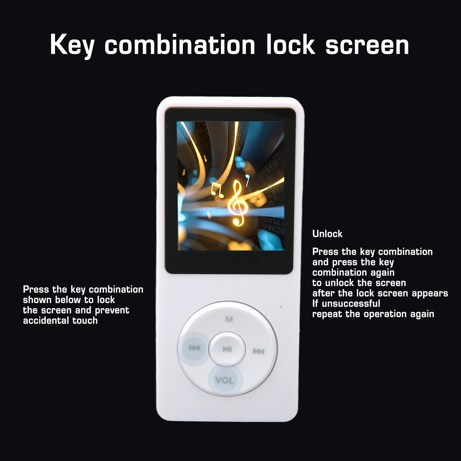 Weißer MP3-Player mit Bildschirm, der eine Musiknote zeigt. Es hat Knöpfe zur Steuerung.