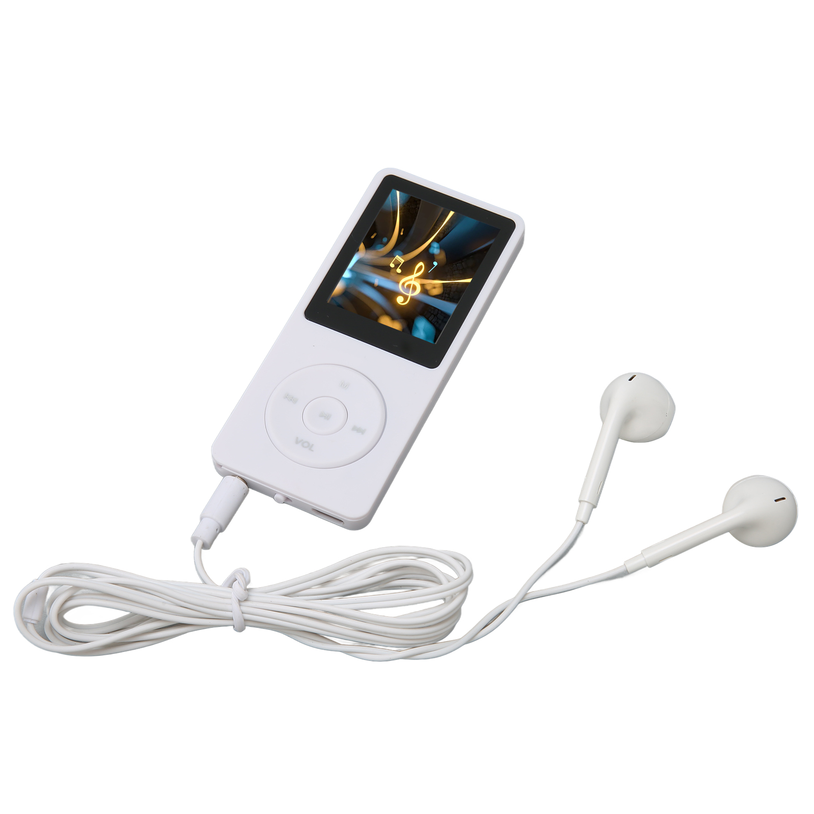 Weißer MP3-Player mit Bildschirm und Knöpfen. Mit weißen Ohrhörern über ein Kabel verbunden.