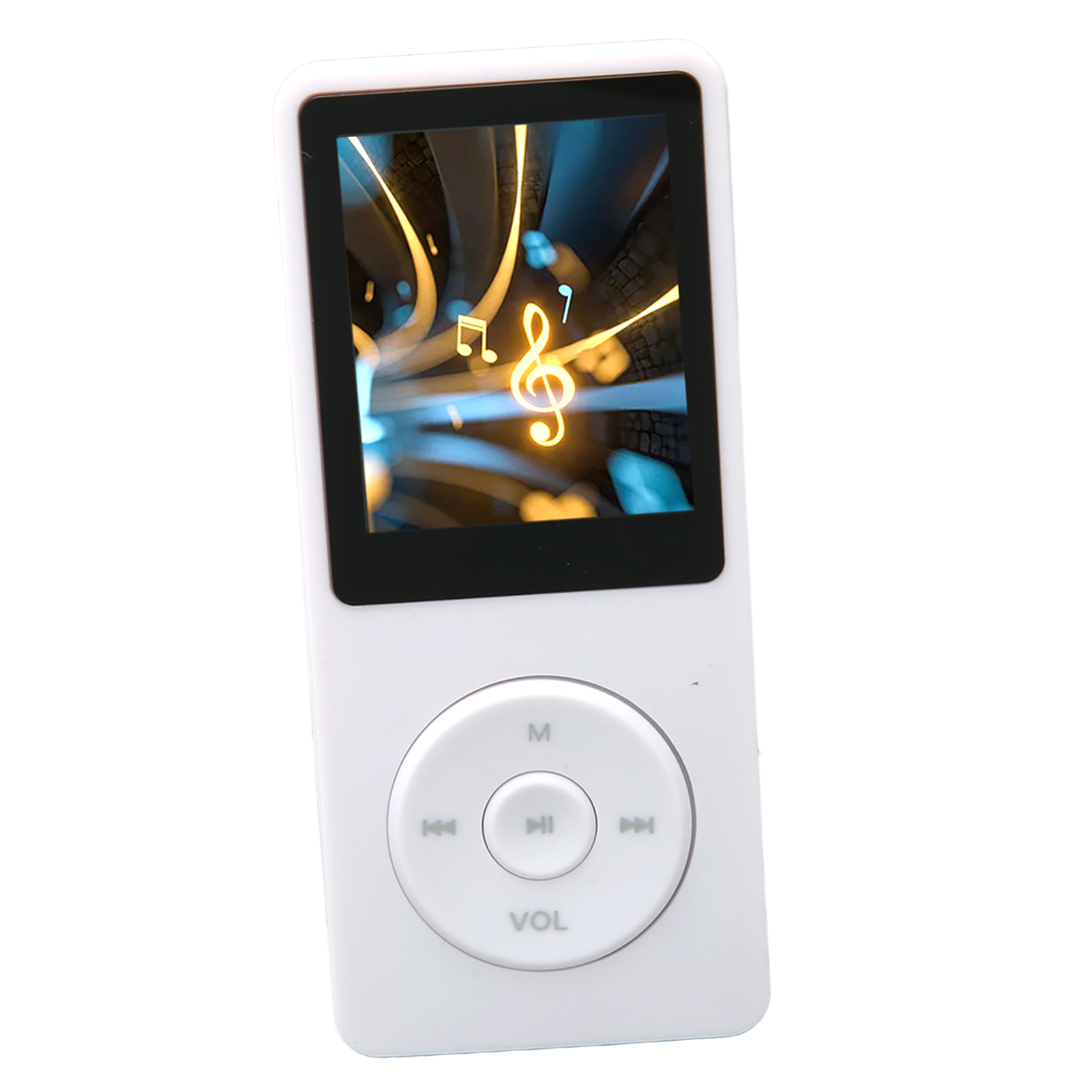 Weißer MP3-Player mit großem Knopf, zeigt Grafik auf dem Bildschirm.