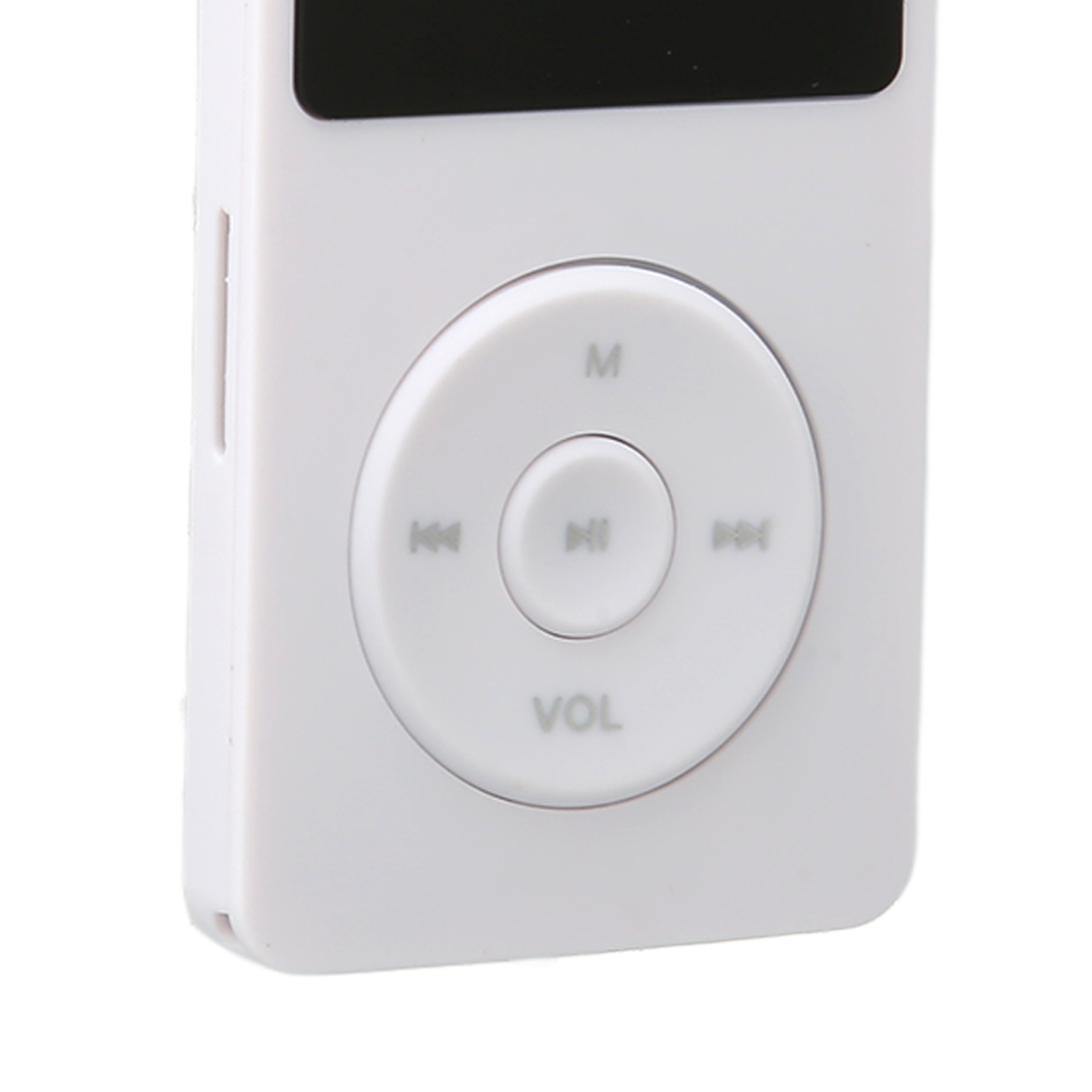 Weißer MP3-Player mit zentraler Steuertaste und Vor- und Zurücktasten.