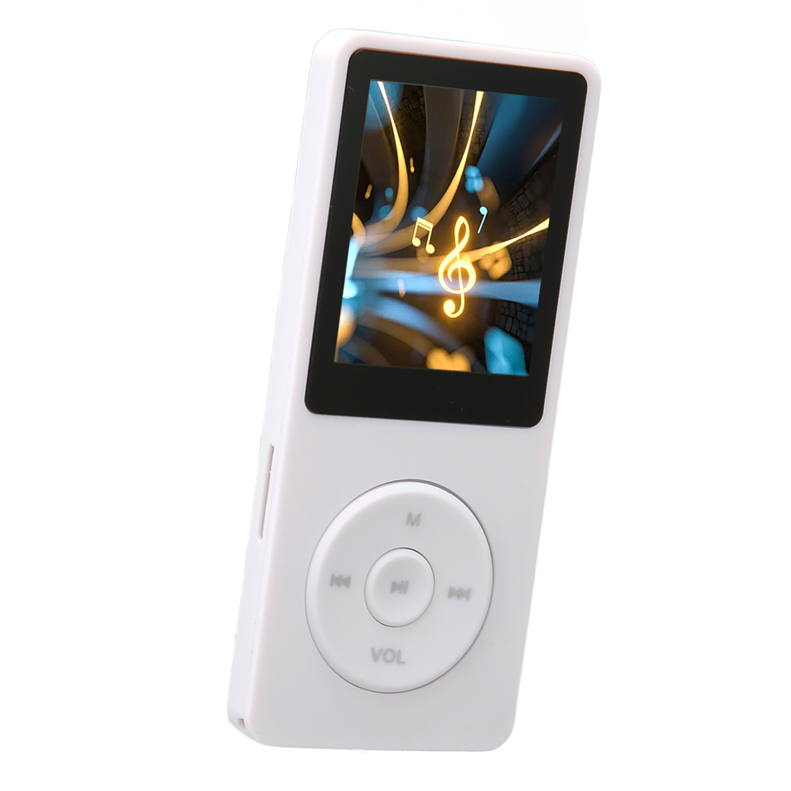 Weißer Musikplayer mit Bildschirm. Steuerung mit Musik- und Lautstärketasten. Noten auf dem Display.
