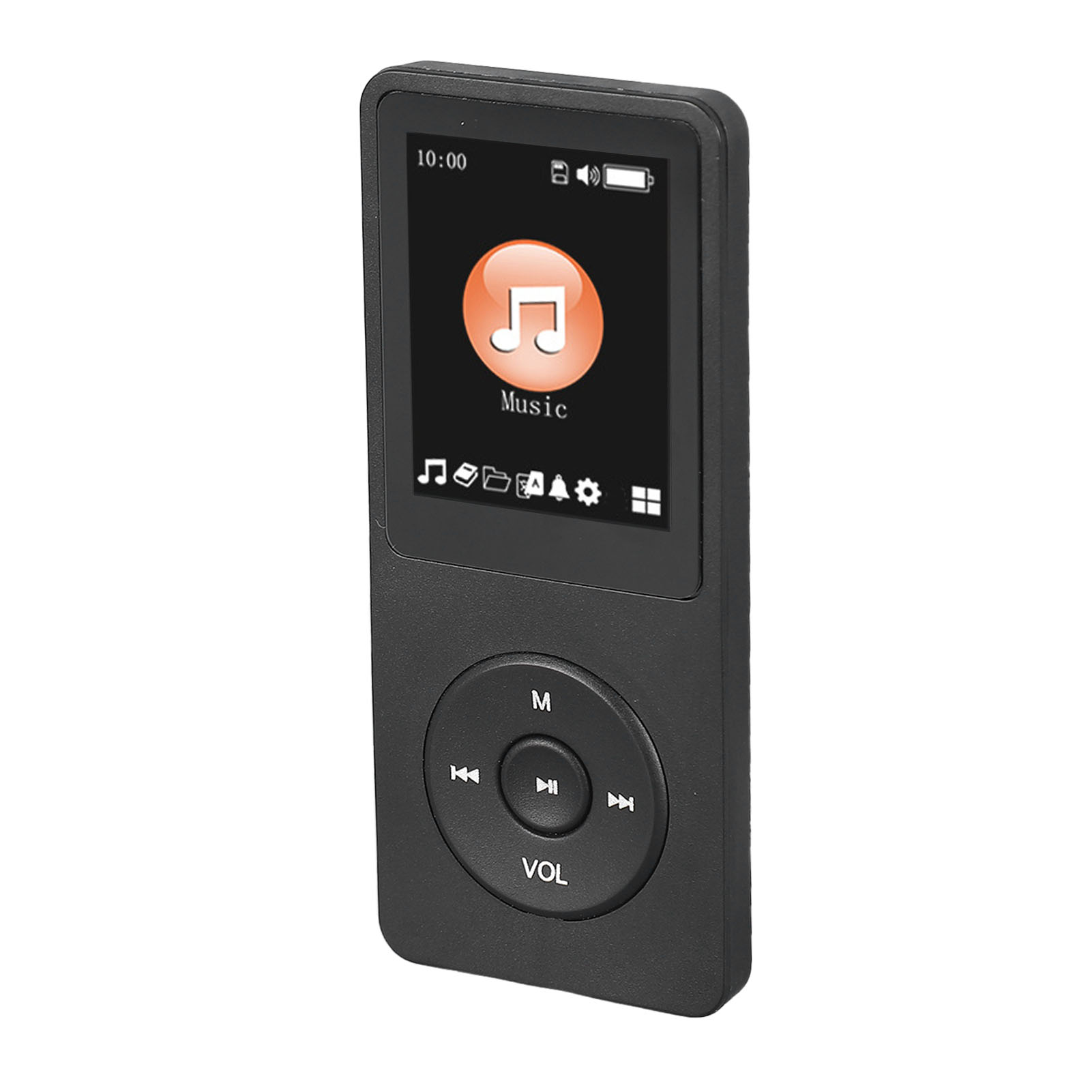 Ein schwarzer MP3-Player mit einem Bildschirm, der ein Musiksymbol anzeigt.