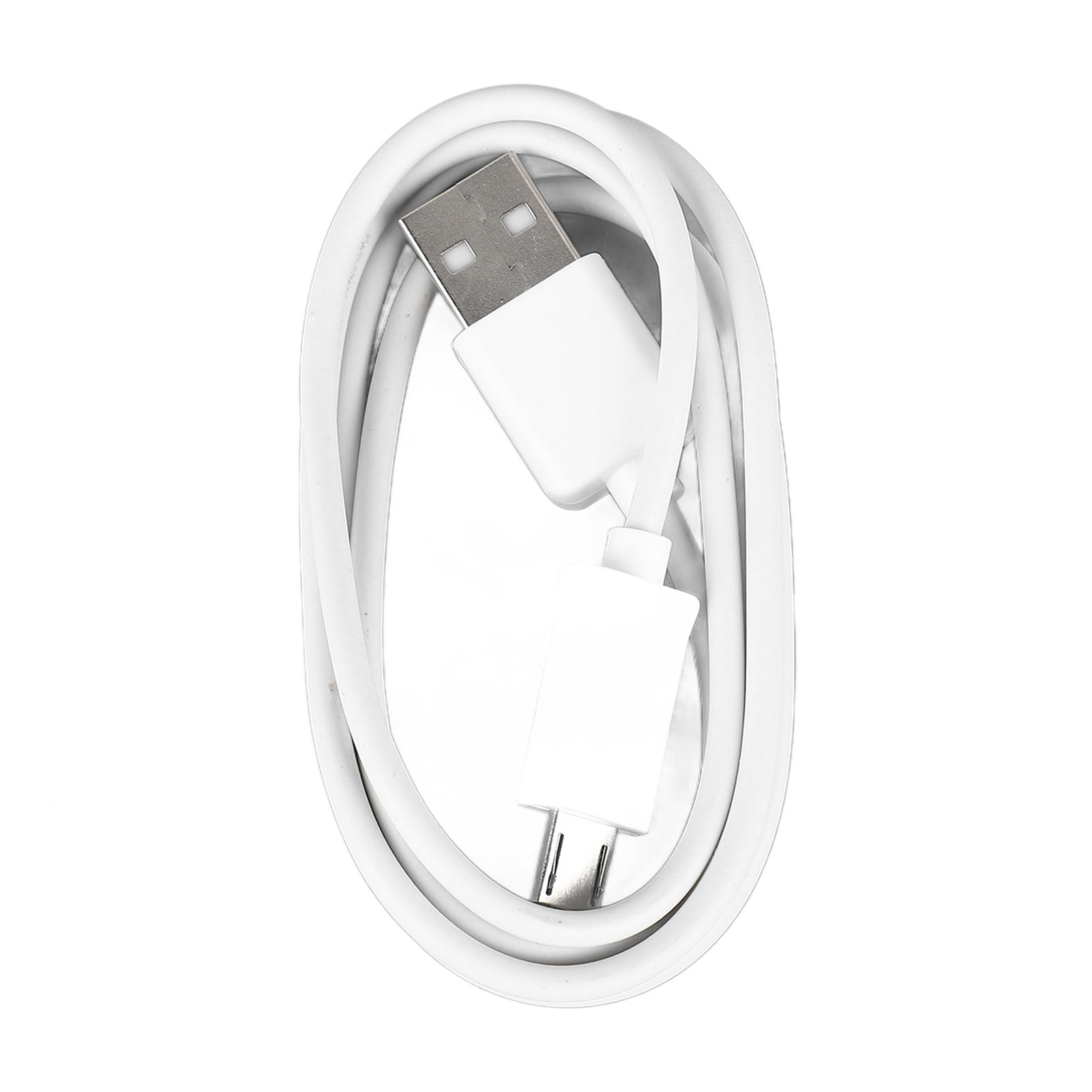 Weißes USB-Kabel mit einem USB- und einem Micro-USB-Anschluss. Weißer Hintergrund.