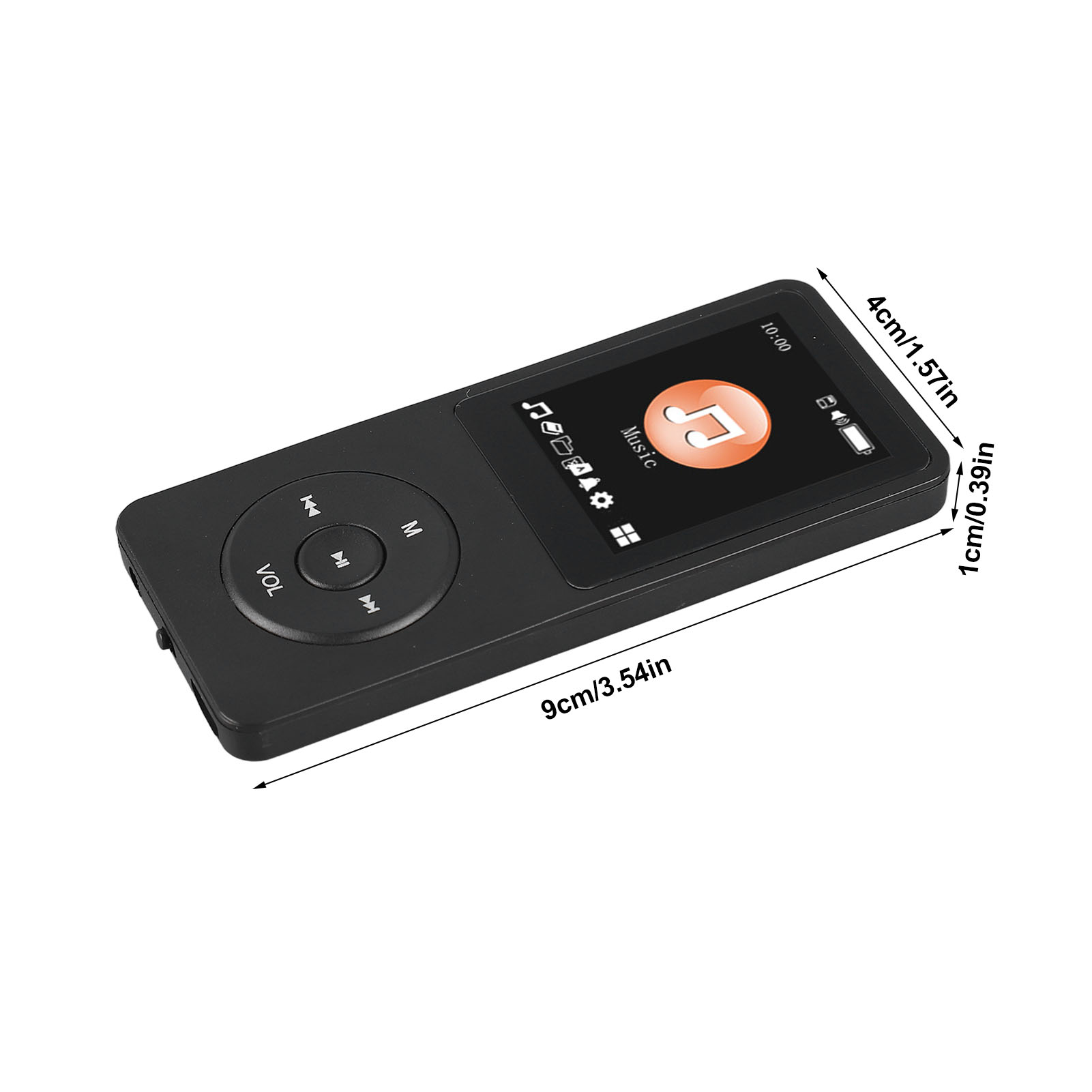 Schwarzer MP3-Player mit Bildschirm und Tasten, zeigt Abmessungen. Bildschirm zeigt Musiksymbole.