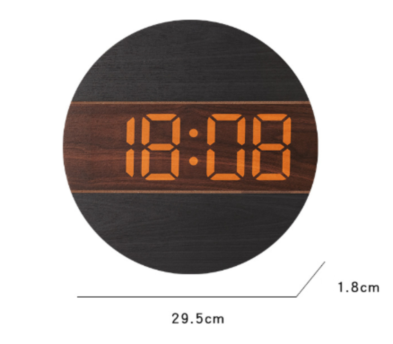 Runde Uhr im Holz-Look mit Digitalanzeige. Zeigt 18:08. Schwarz-braunes Design.