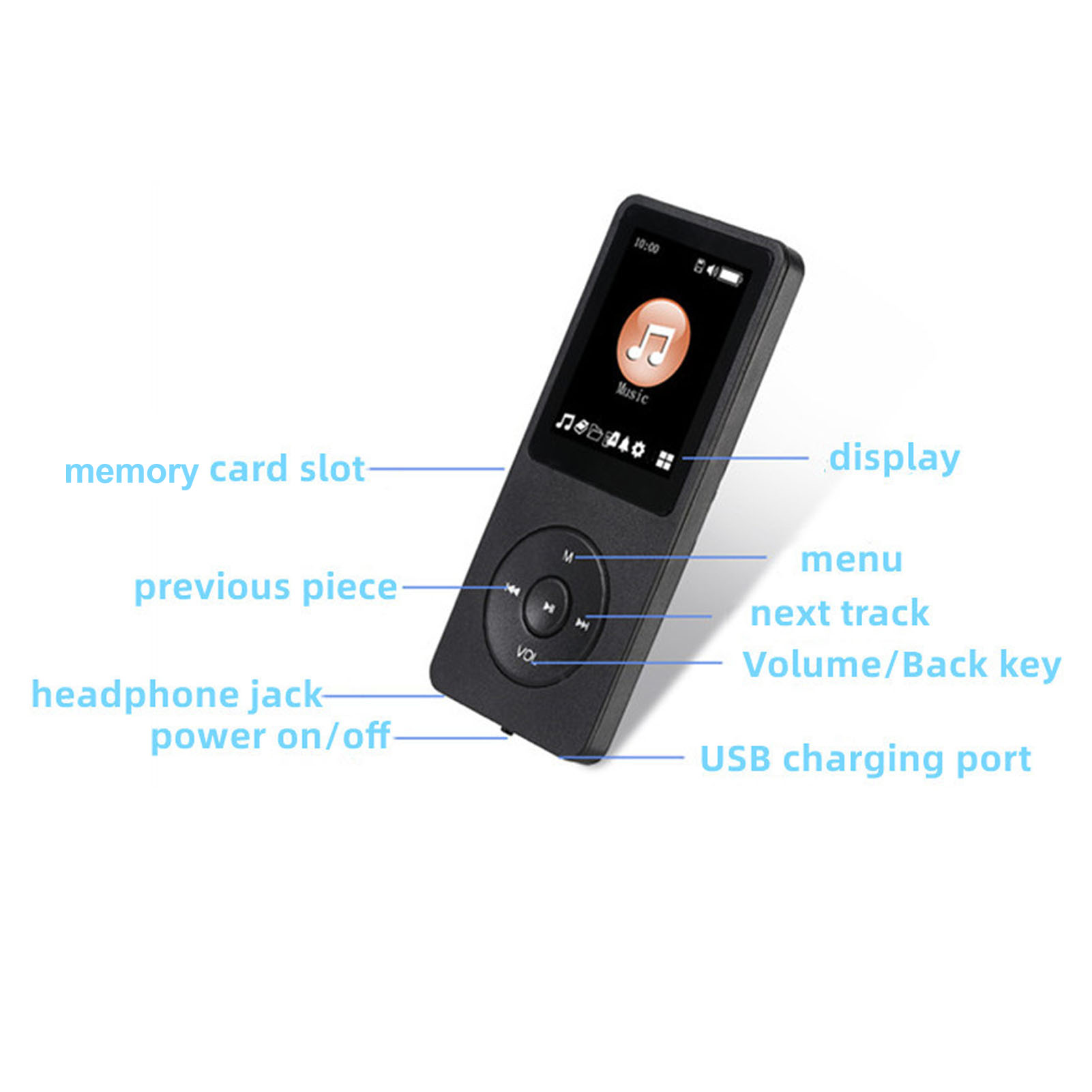 Ein schwarzer MP3-Player mit beschrifteten Tasten und einem Display.